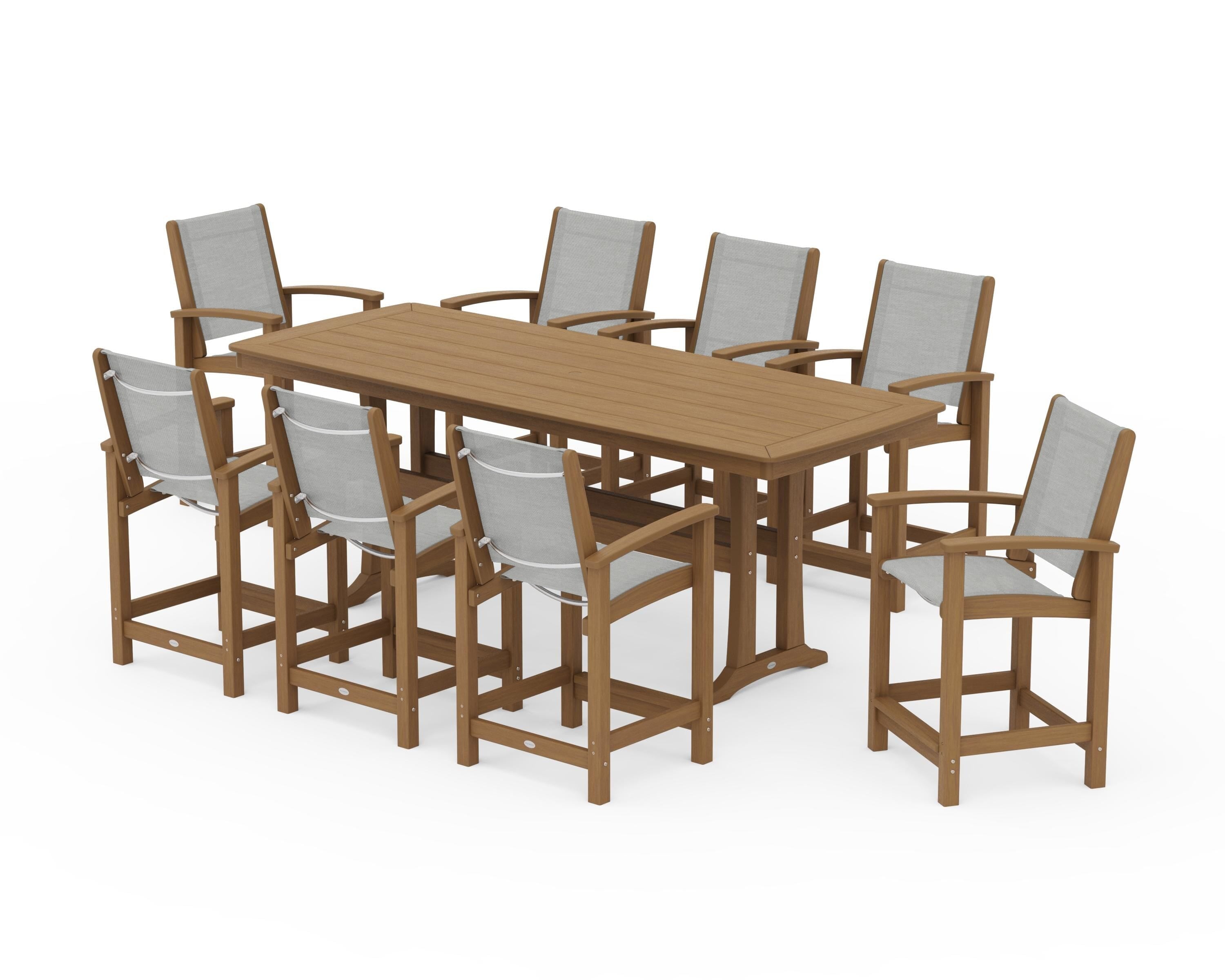 POLYWOOD Coastal 9-Piece Counter Set with Trestle Legs in Natural / Metallic Sling