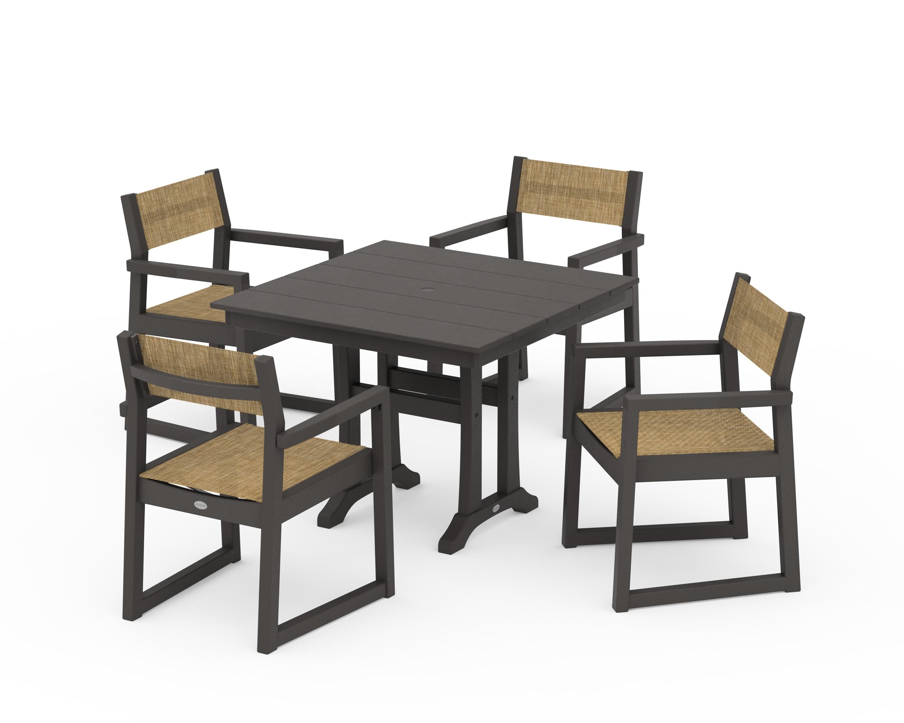 POLYWOOD EDGE Sling 5-Piece Farmhouse Dining Set with Trestle Legs in Vintage Coffee / Burlap Sling