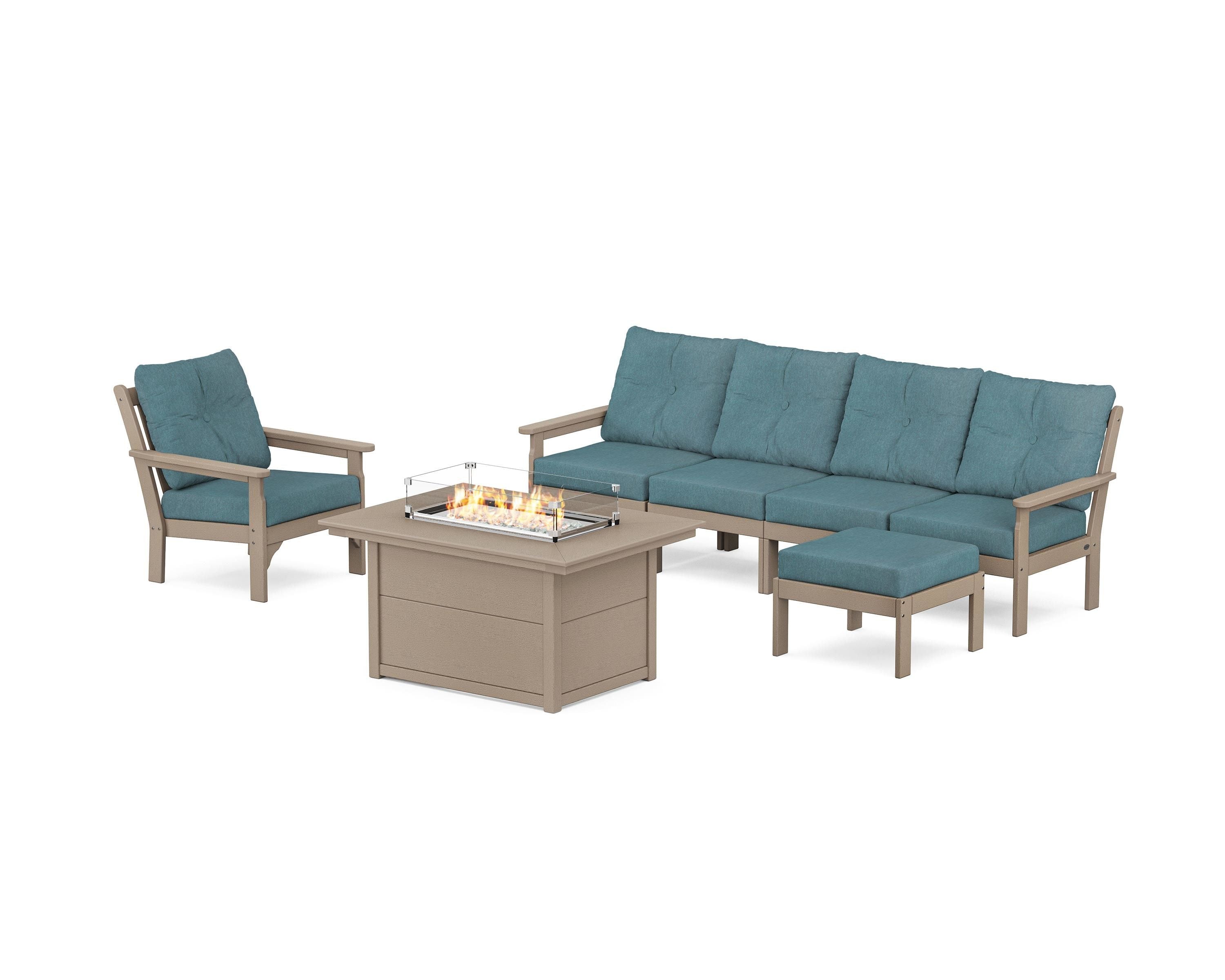 POLYWOOD Vineyard Sectional Lounge and Fire Pit Set in Vintage Sahara / Ocean Teal