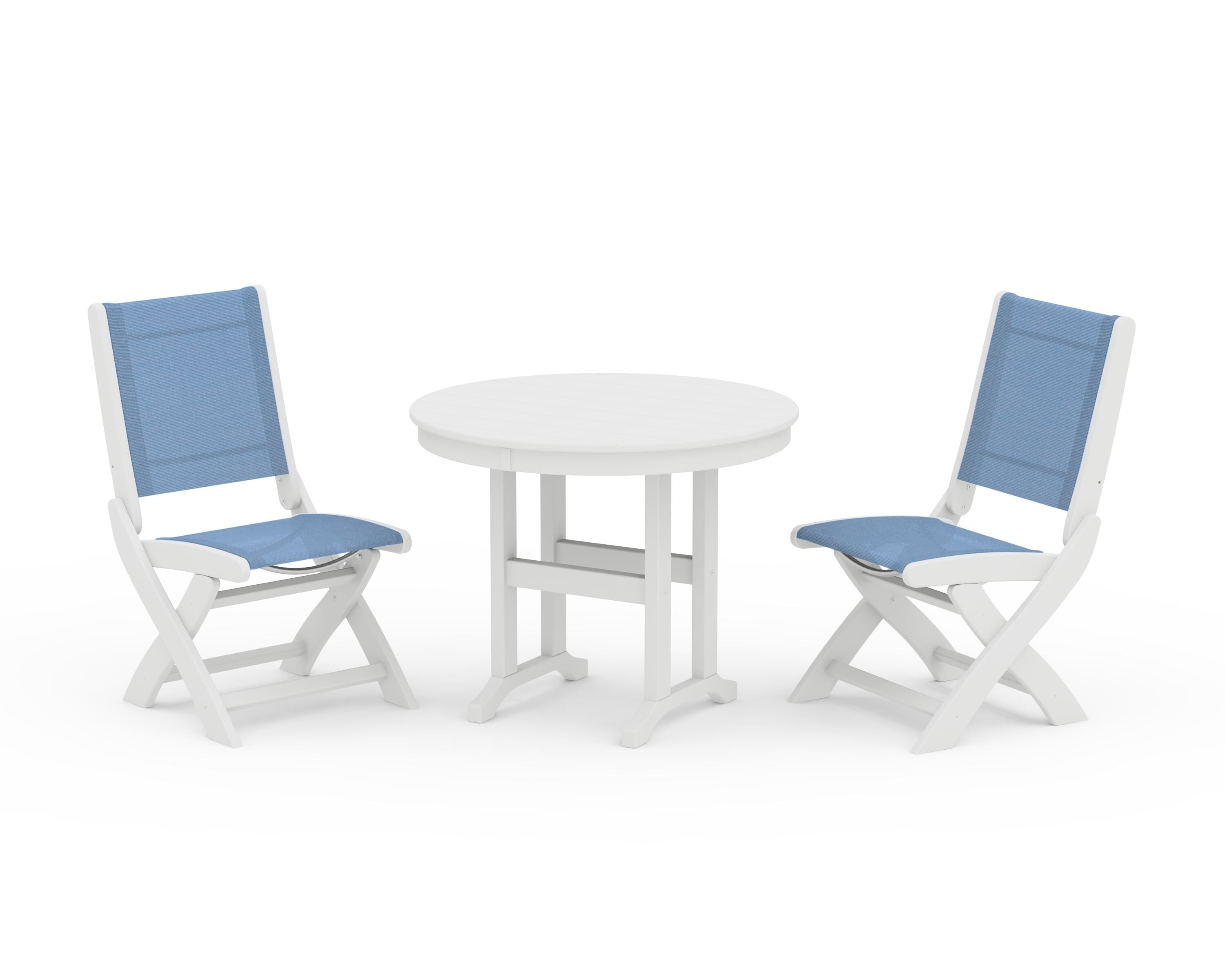 POLYWOOD Coastal Folding Side Chair 3-Piece Round Dining Set in White / Poolside Sling