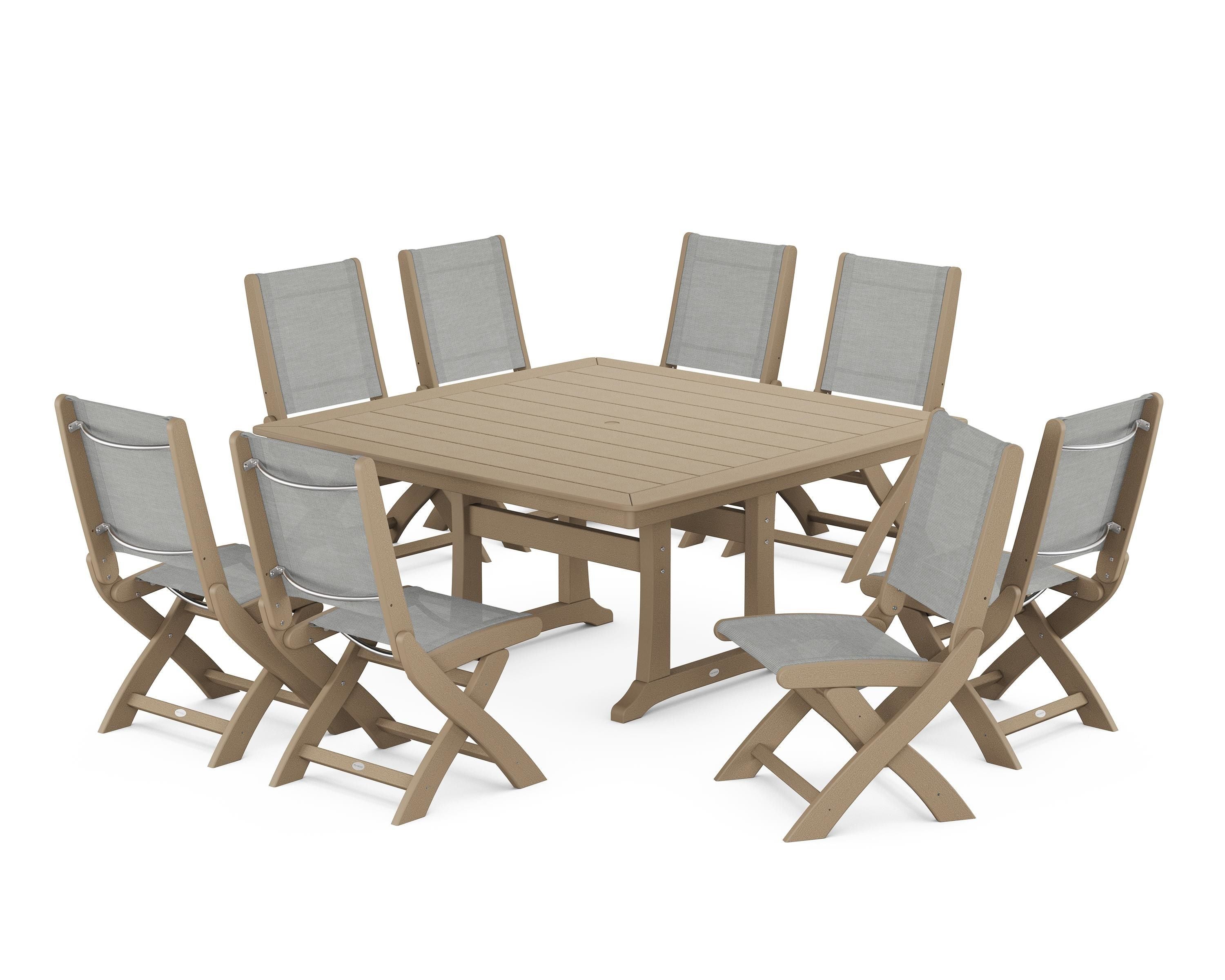 POLYWOOD Coastal Folding Side Chair 9-Piece Dining Set with Trestle Legs in Vintage Sahara / Metallic Sling