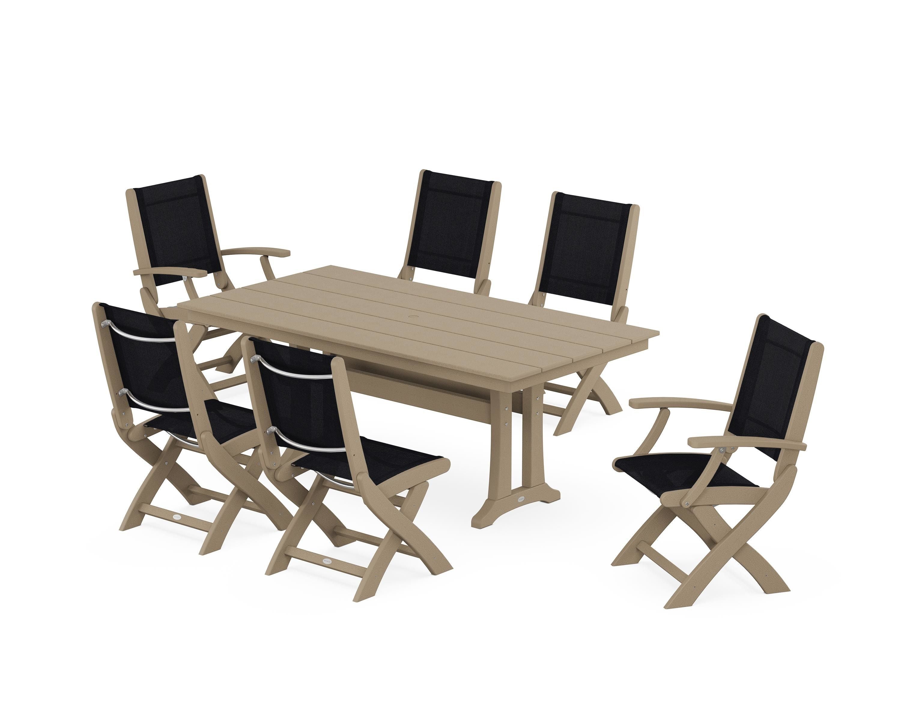 POLYWOOD Coastal Folding Chair 7-Piece Farmhouse Dining Set with Trestle Legs in Vintage Sahara / Black Sling