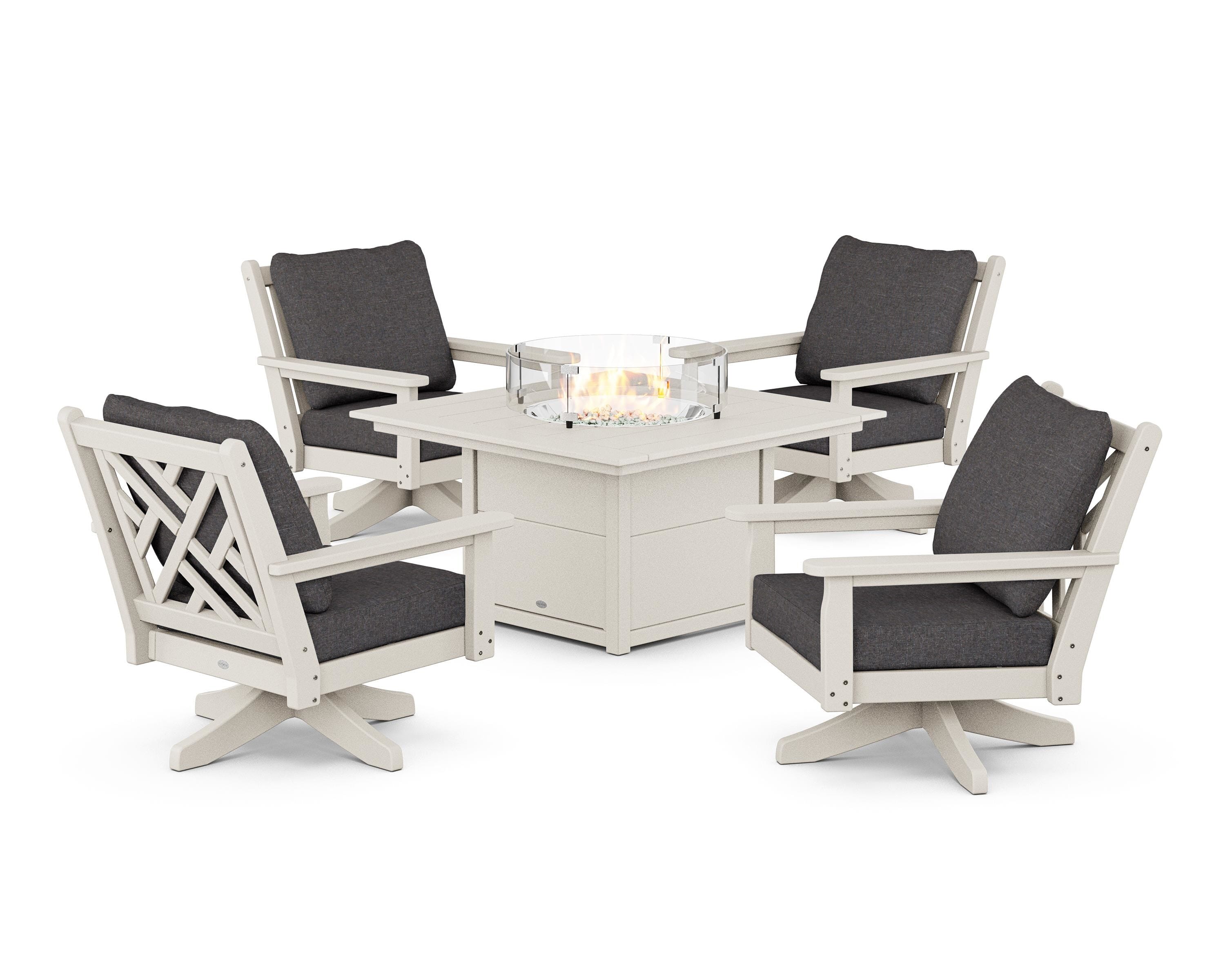 POLYWOOD Chippendale 5-Piece Deep Seating Swivel Conversation Set with Fire Pit Table in Sand / Ash Charcoal