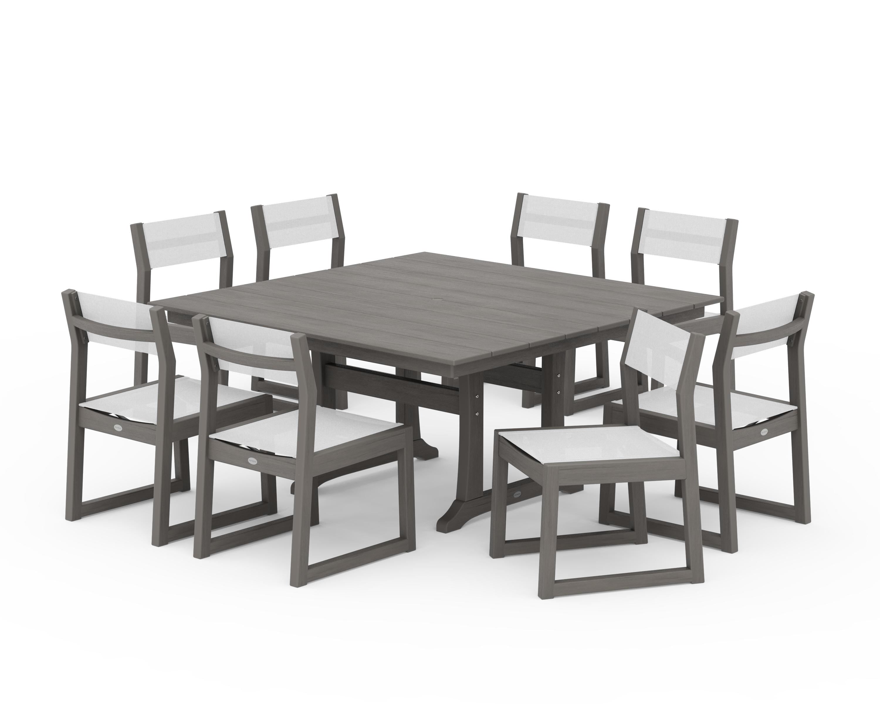 POLYWOOD EDGE Sling Side Chair 9-Piece Farmhouse Trestle Dining Set in Driftwood / White Sling