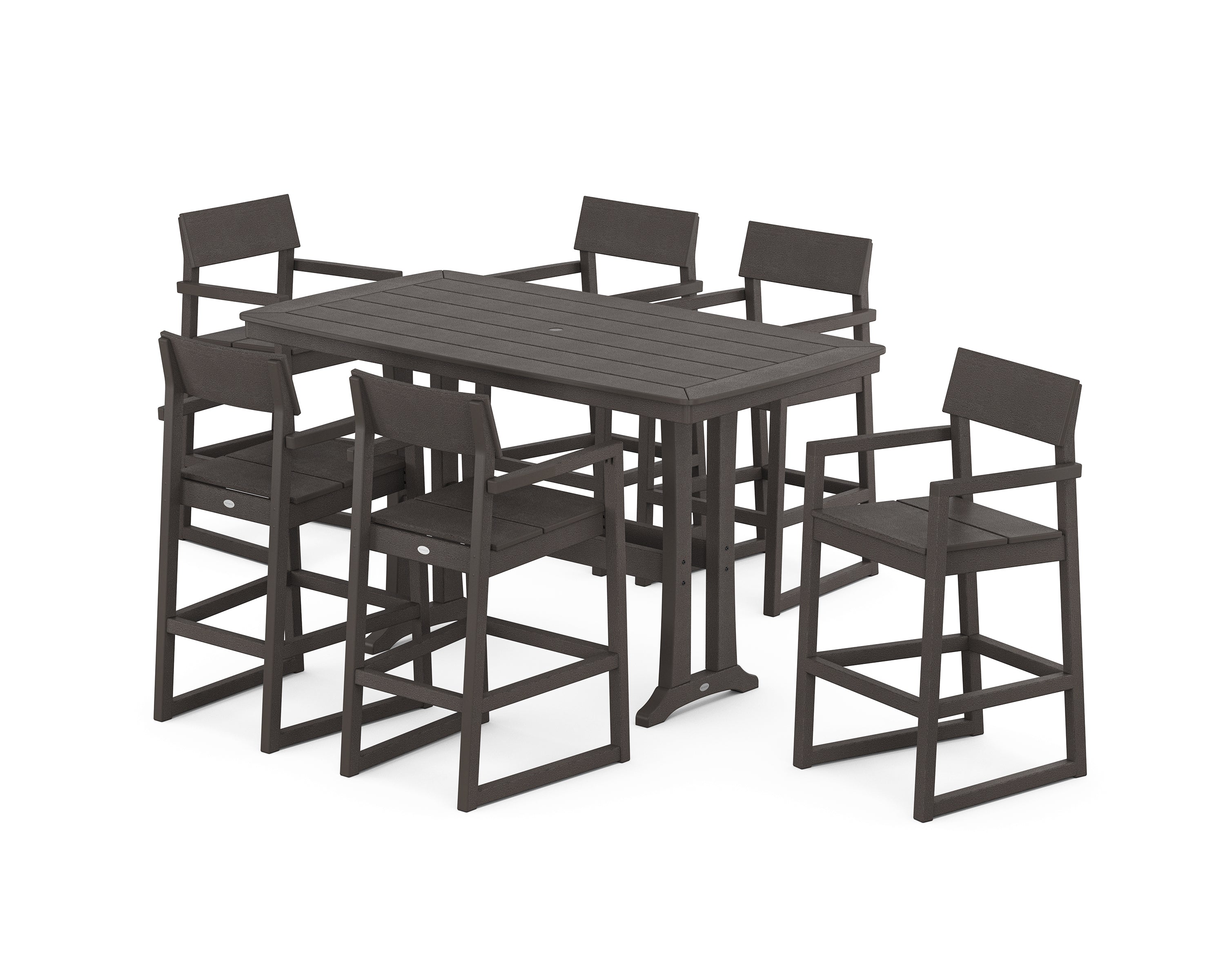 POLYWOOD EDGE Arm Chair 7-Piece Bar Set with Trestle Legs in Vintage Coffee