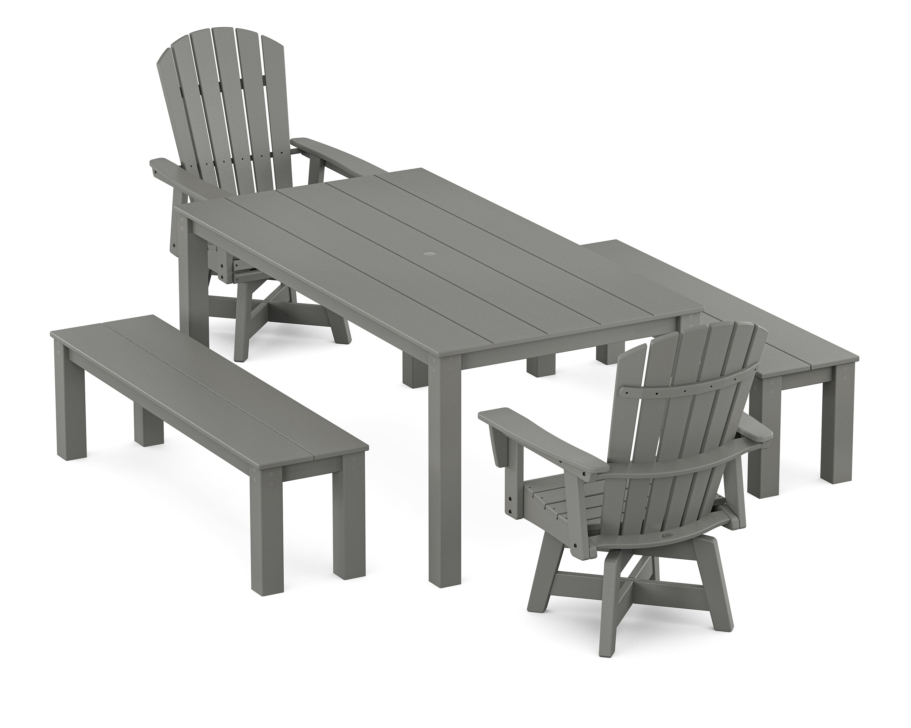 POLYWOOD Nautical Curveback Adirondack Swivel 5-Piece Parsons Dining Set with Benches in Slate Grey