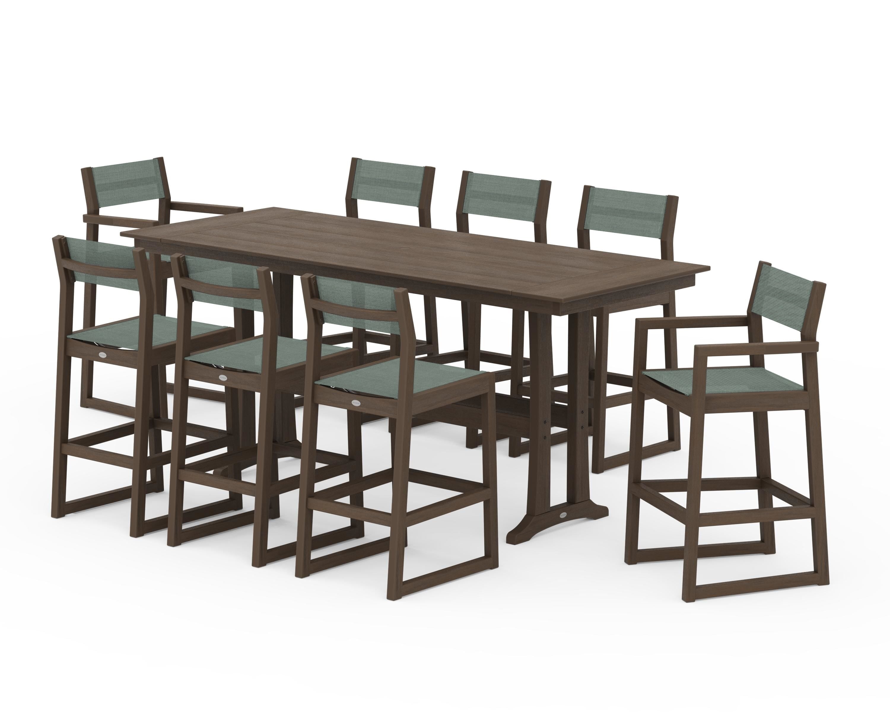 POLYWOOD EDGE Sling 9-Piece Farmhouse Bar Set with Trestle Legs in Kona / Dupioni Sea Mist Sling