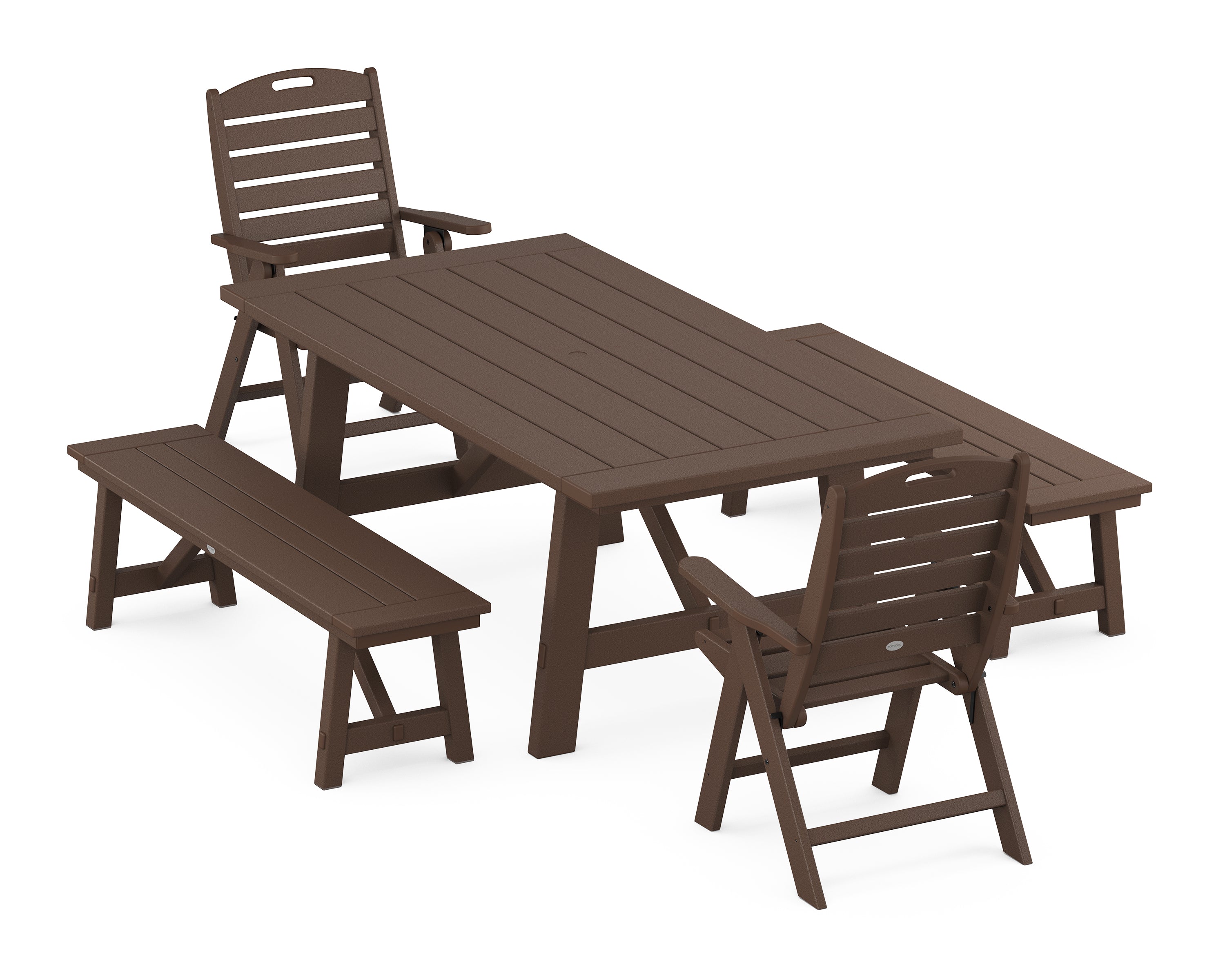 POLYWOOD Nautical Folding Highback Chair 5-Piece Rustic Farmhouse Dining Set With Benches in Mahogany