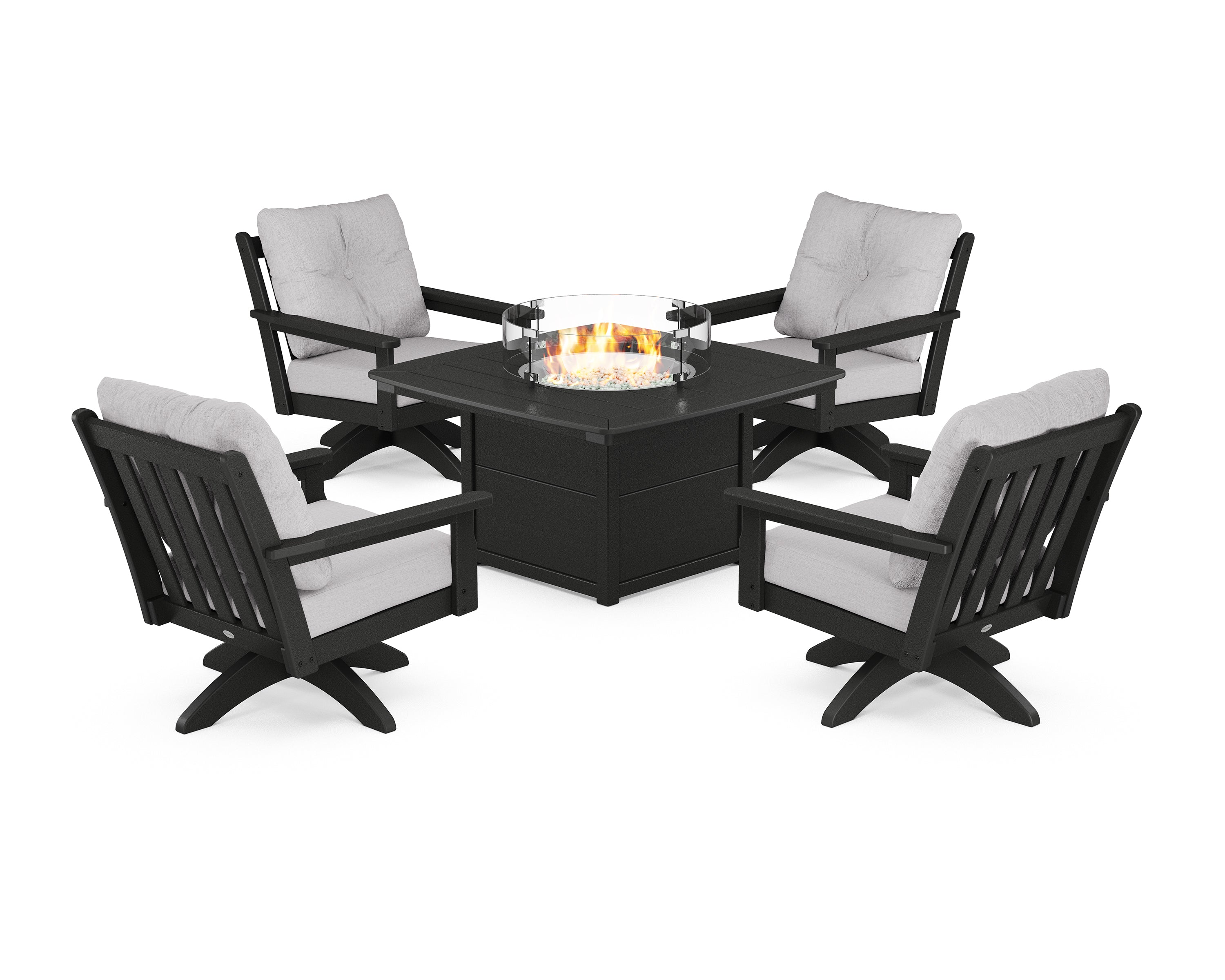 POLYWOOD Vineyard 5-Piece Deep Seating Swivel Conversation Set with Fire Pit Table in Black / Granite
