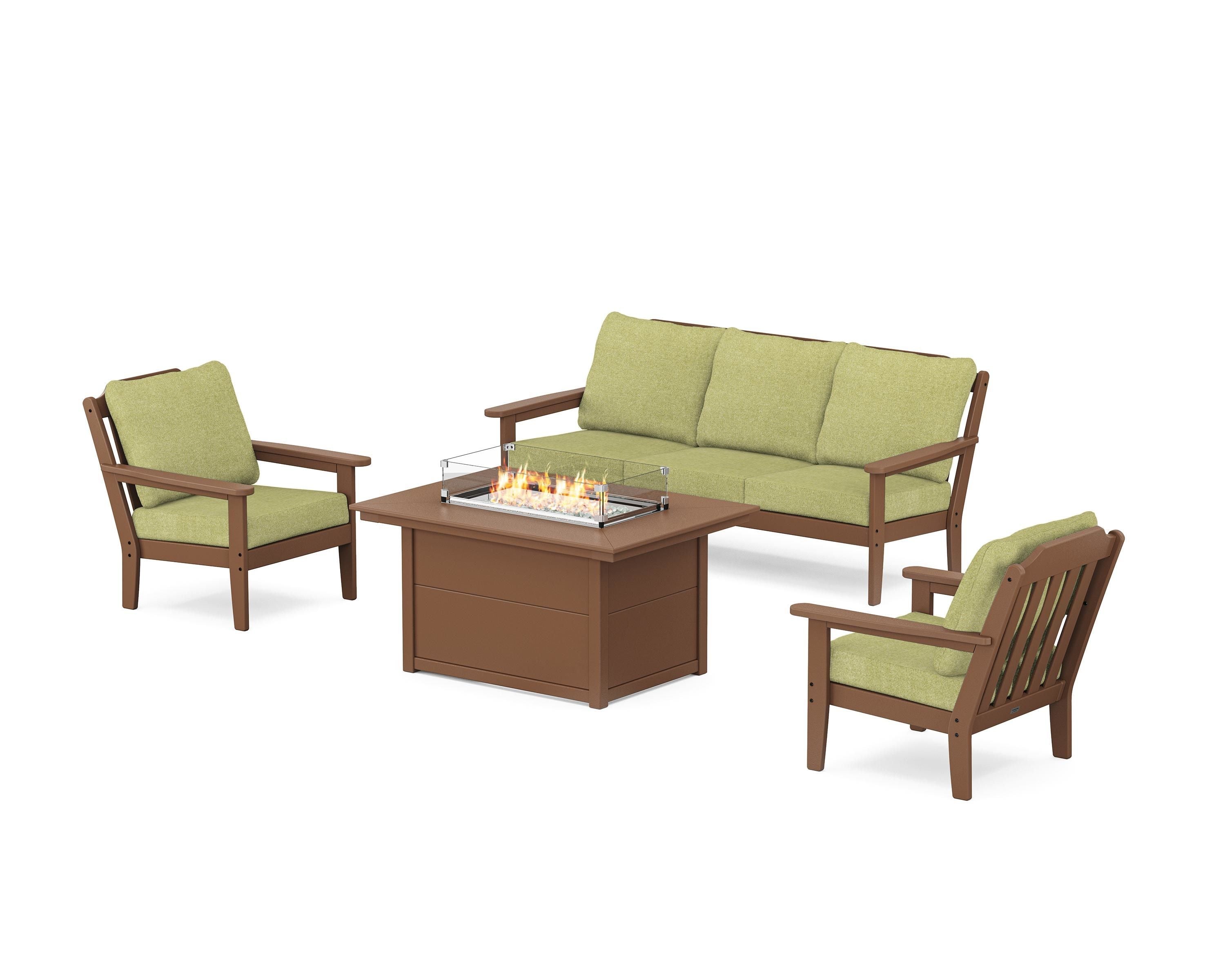 Country Living Cottage Deep Seating Fire Pit Table Set in Teak / Chartreuse Boucle