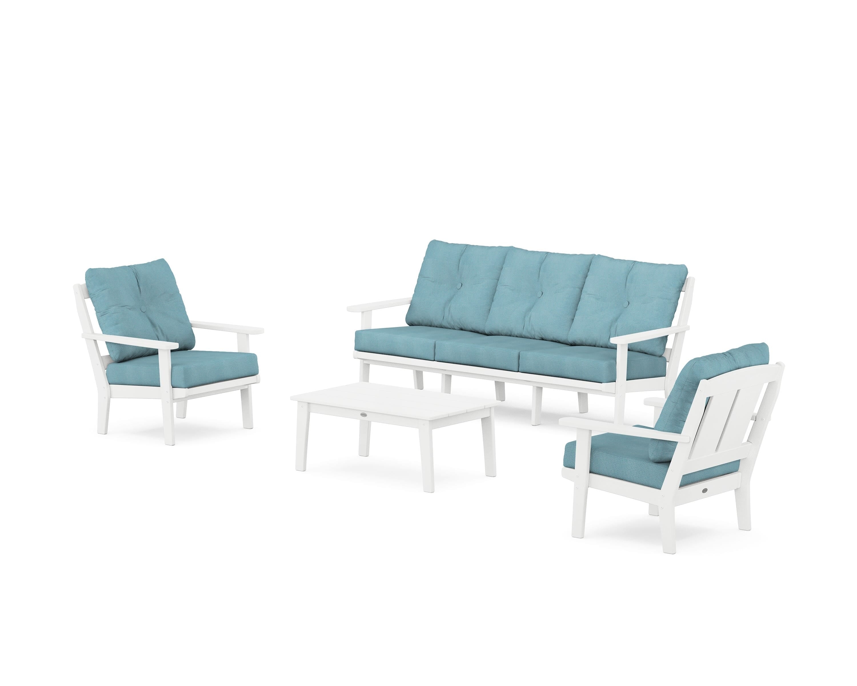 POLYWOOD Mission 4-Piece Deep Seating Set with Sofa in White / Lattice Sky Blue