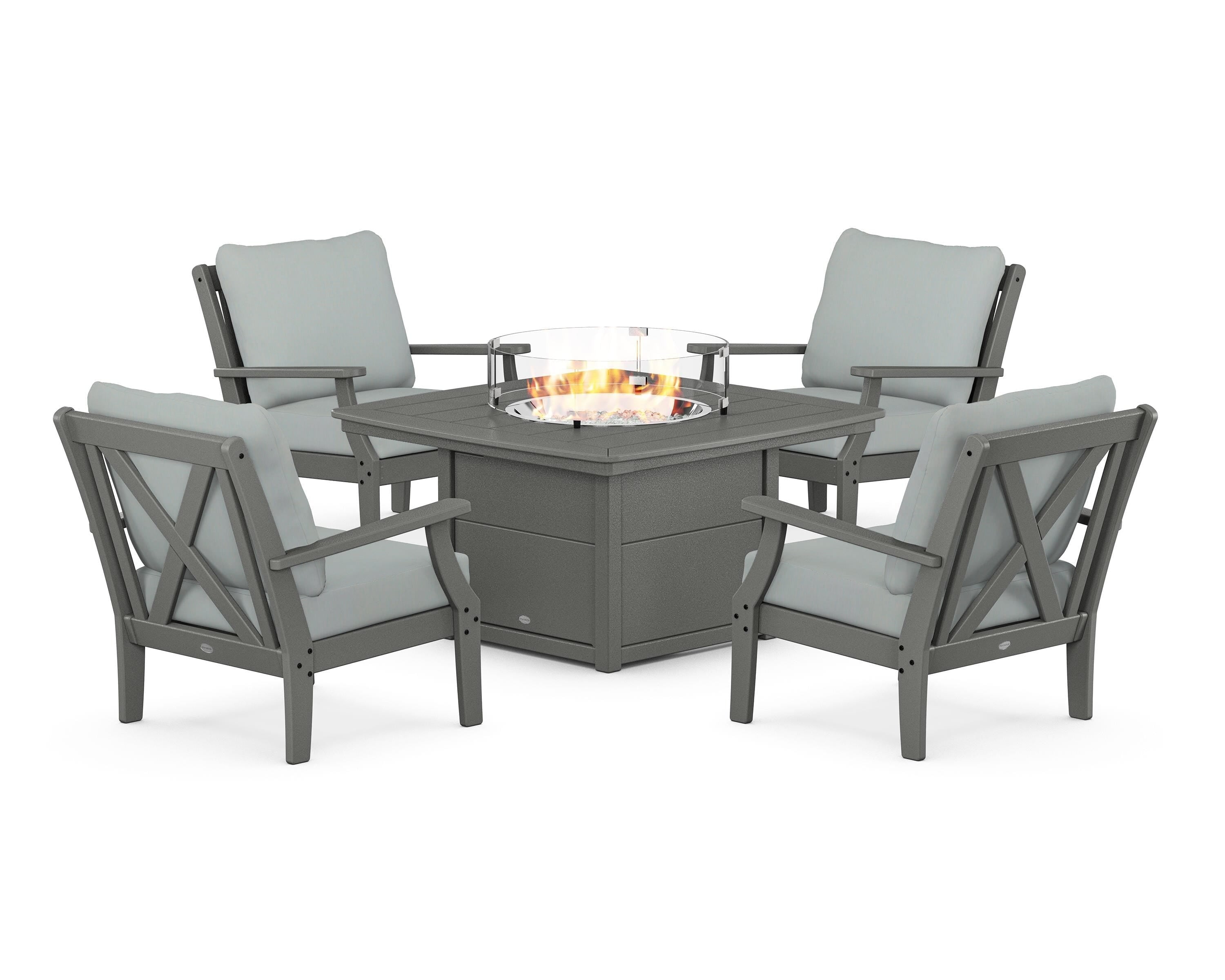 POLYWOOD Braxton 5-Piece Deep Seating Conversation Set with Fire Pit Table in Slate Grey / Spa