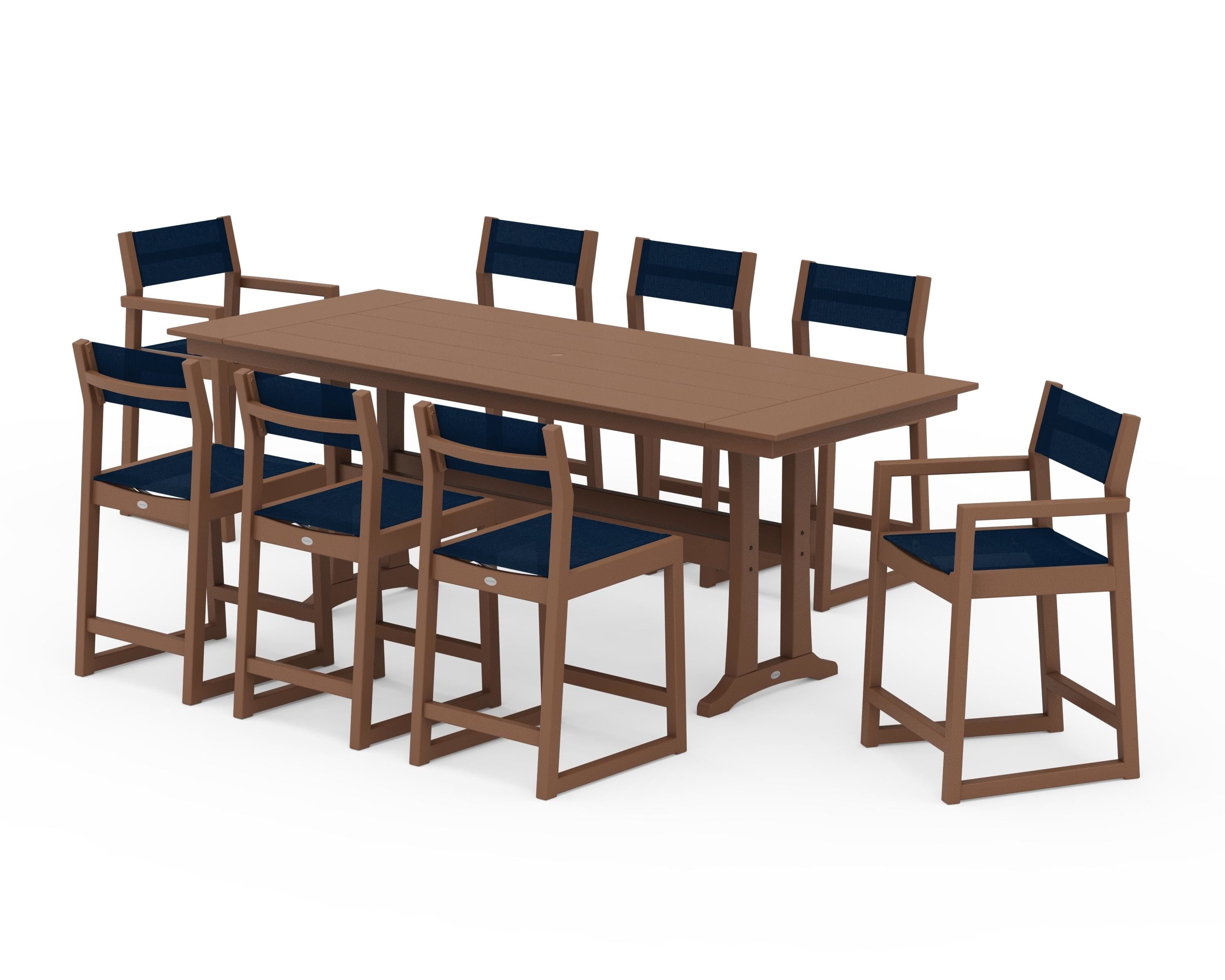 POLYWOOD EDGE Sling 9-Piece Farmhouse Counter Set with Trestle Legs in Teak / Navy Blue Sling
