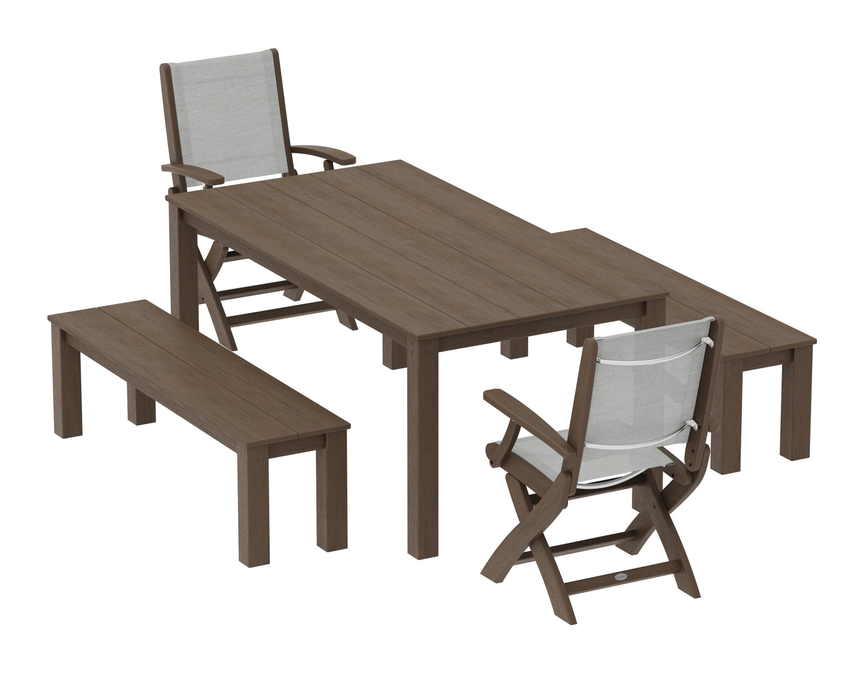 POLYWOOD Coastal Folding Chair 5-Piece Parsons Dining Set with Benches in Kona / Metallic Sling