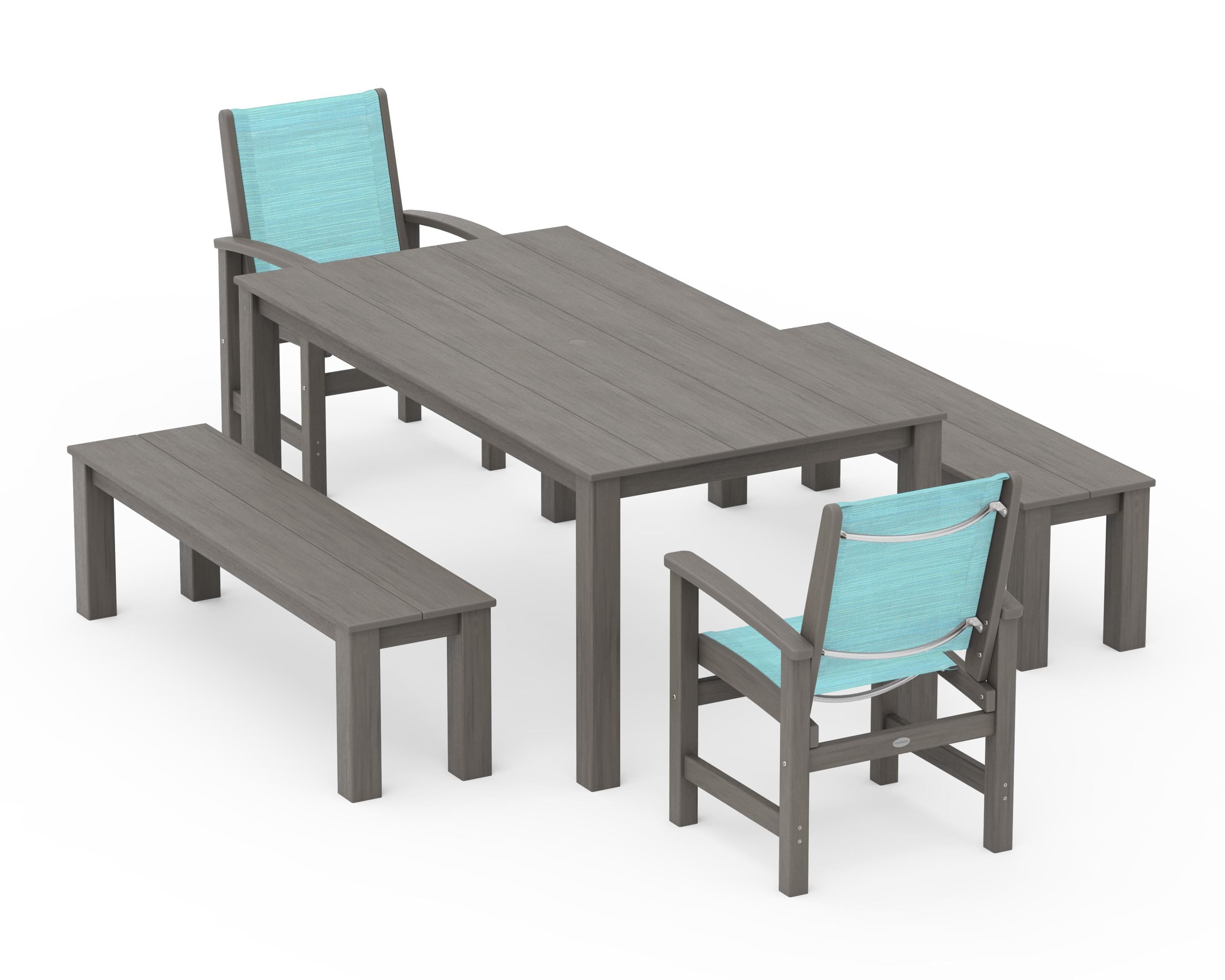 POLYWOOD Coastal 5-Piece Parsons Dining Set with Benches in Driftwood / Dupioni Aquamarine Sling