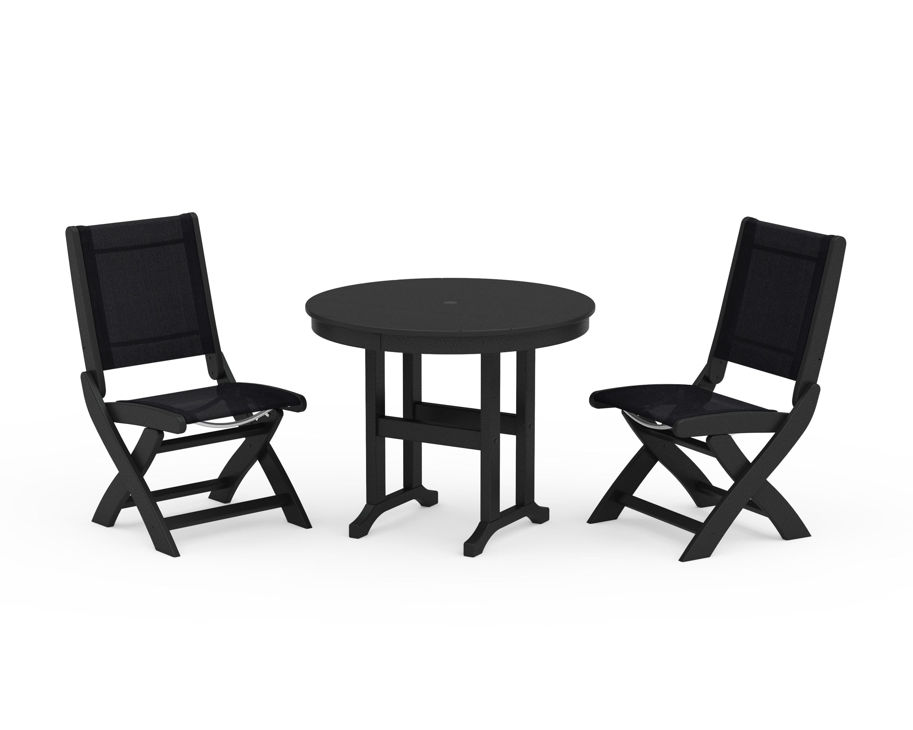 POLYWOOD Coastal Folding Side Chair 3-Piece Round Dining Set in Black / Black Sling