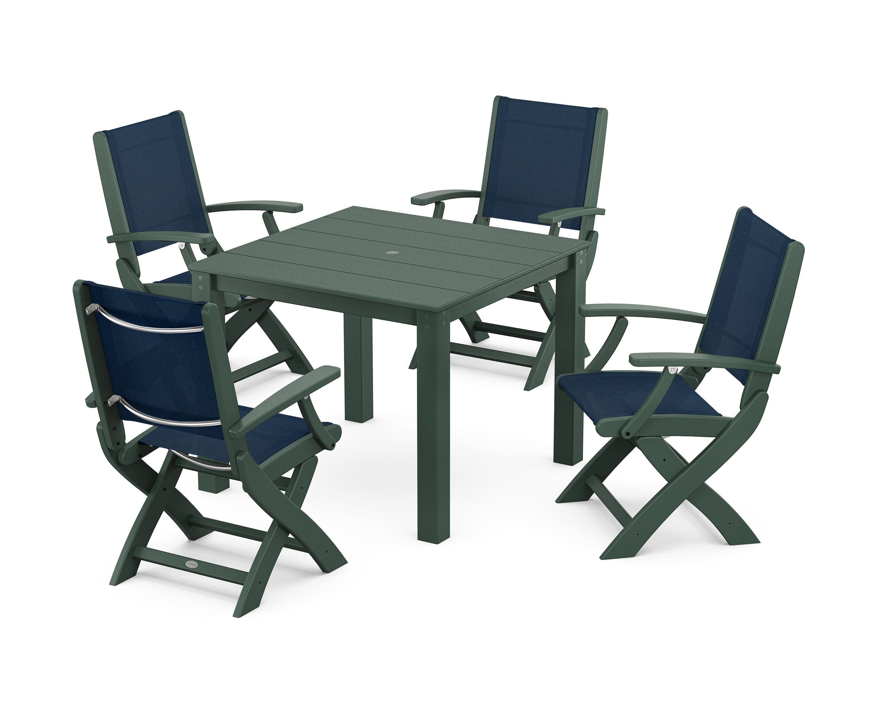 POLYWOOD Coastal Folding Chair 5-Piece Parsons Dining Set in Green / Navy Blue Sling