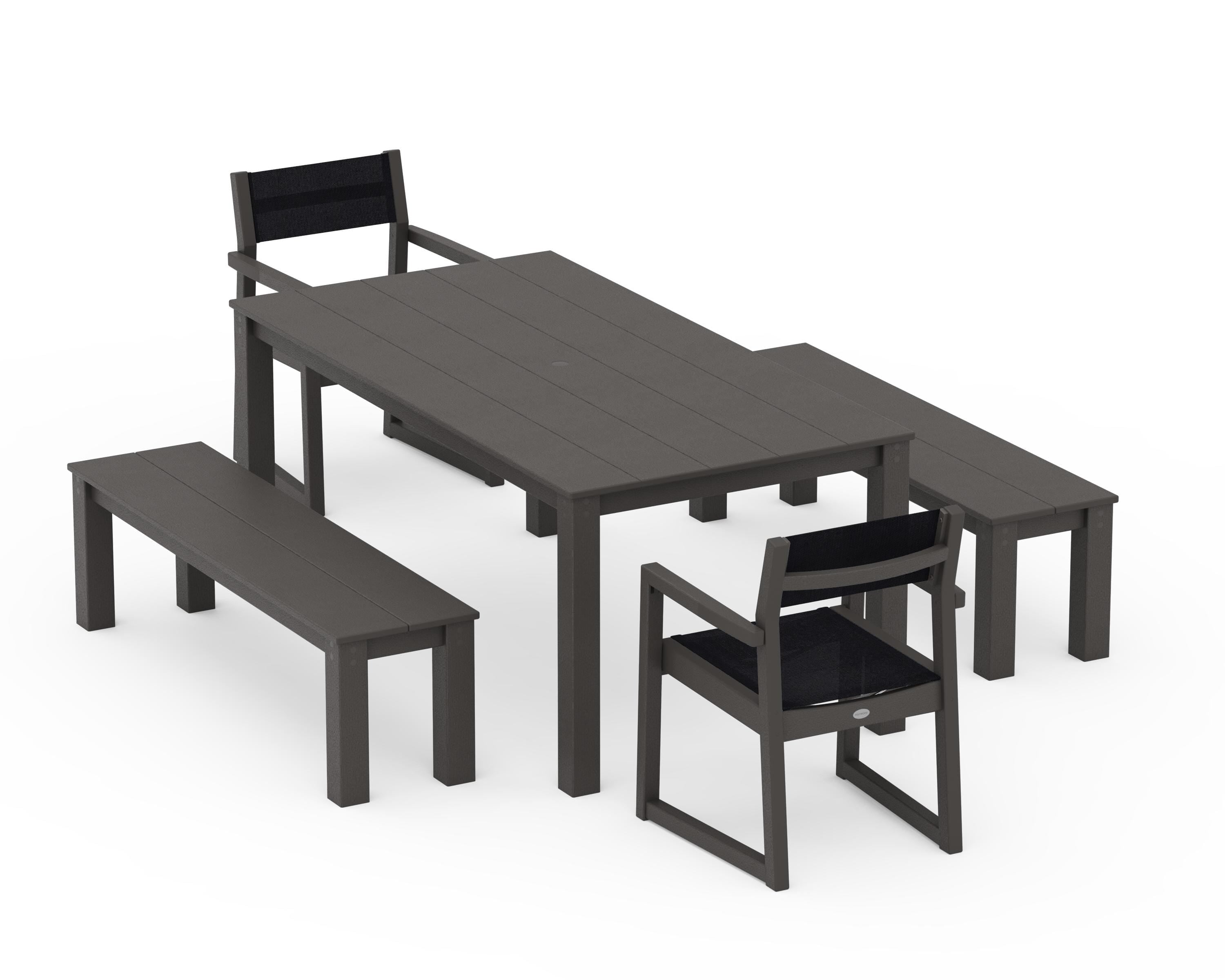 POLYWOOD EDGE Sling Arm Chair 5-Piece Parsons Dining Set with Benches in Vintage Coffee / Black Sling