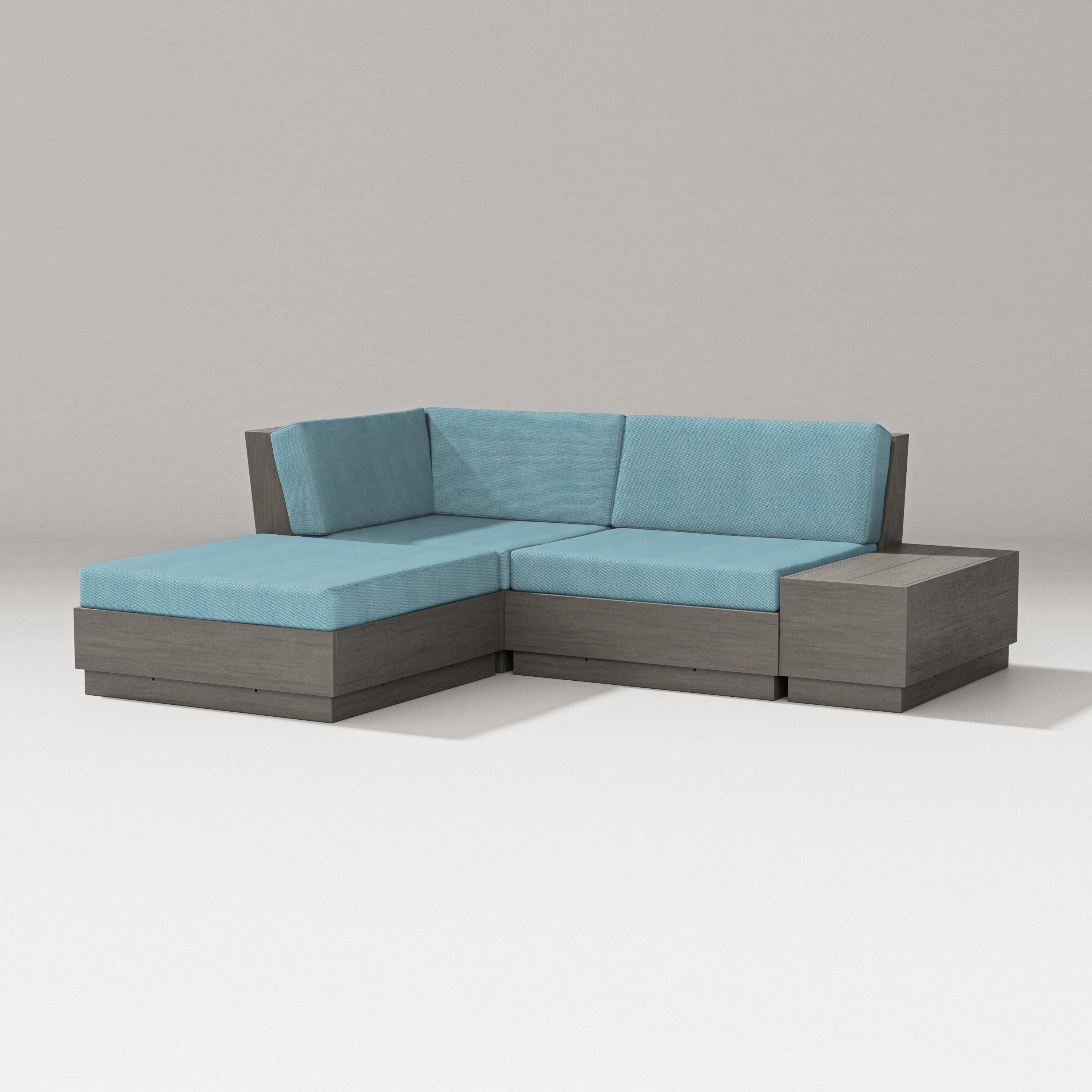 PW Designer Series Elevate Loveseat Sectional with Chaise in Driftwood / Lattice Sky Blue