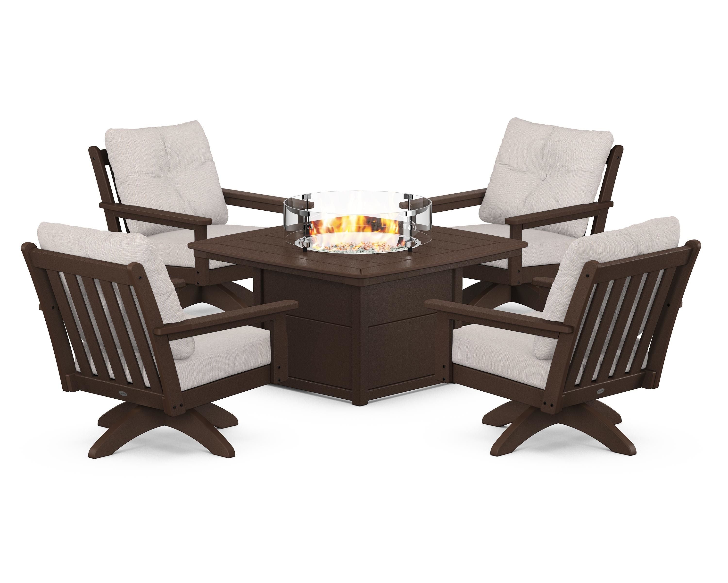 POLYWOOD Vineyard 5-Piece Deep Seating Swivel Conversation Set with Fire Pit Table in Mahogany / Dune Burlap