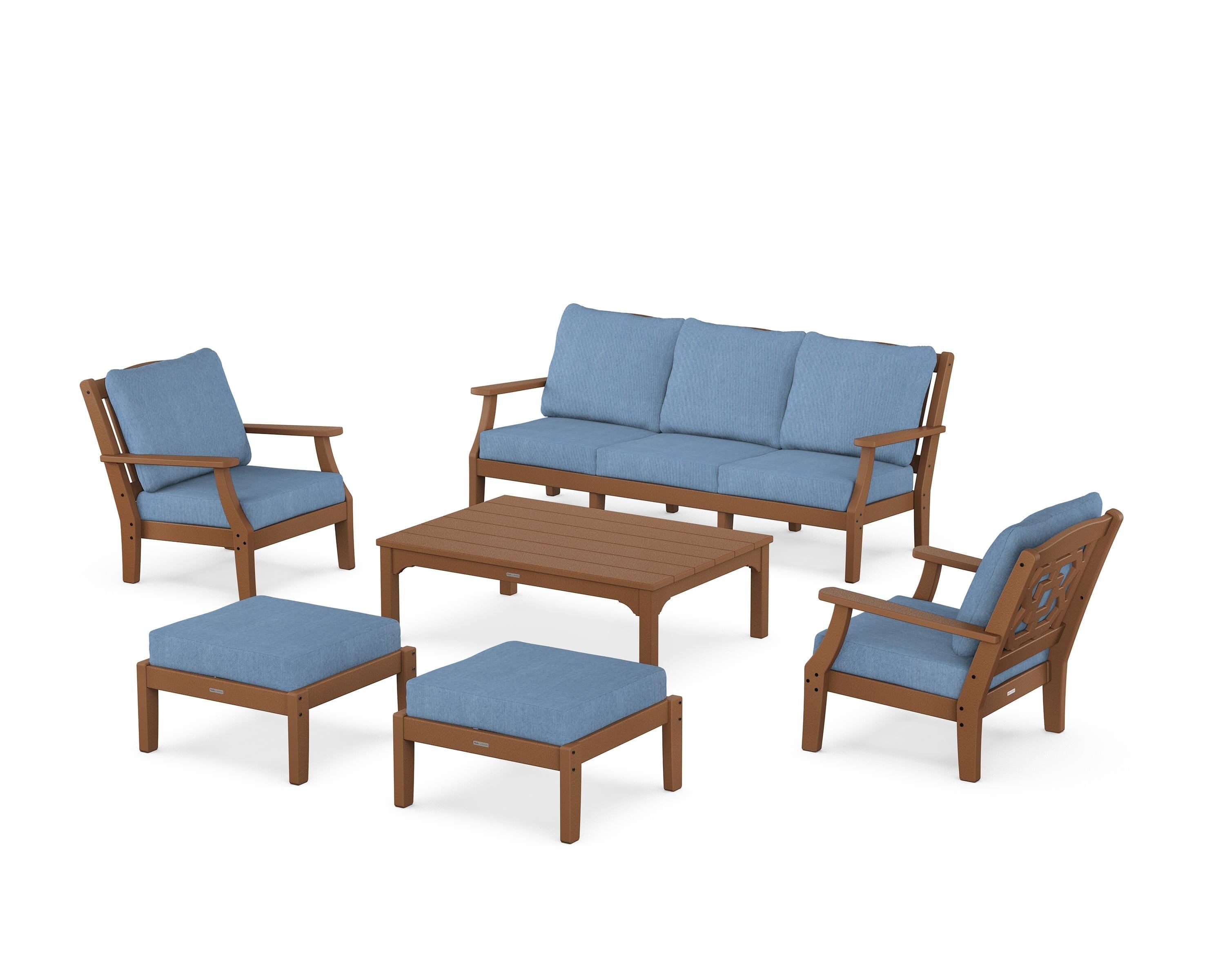 Martha Stewart by POLYWOOD Chinoiserie 6-Piece Lounge Sofa Set in Teak / Sky Blue