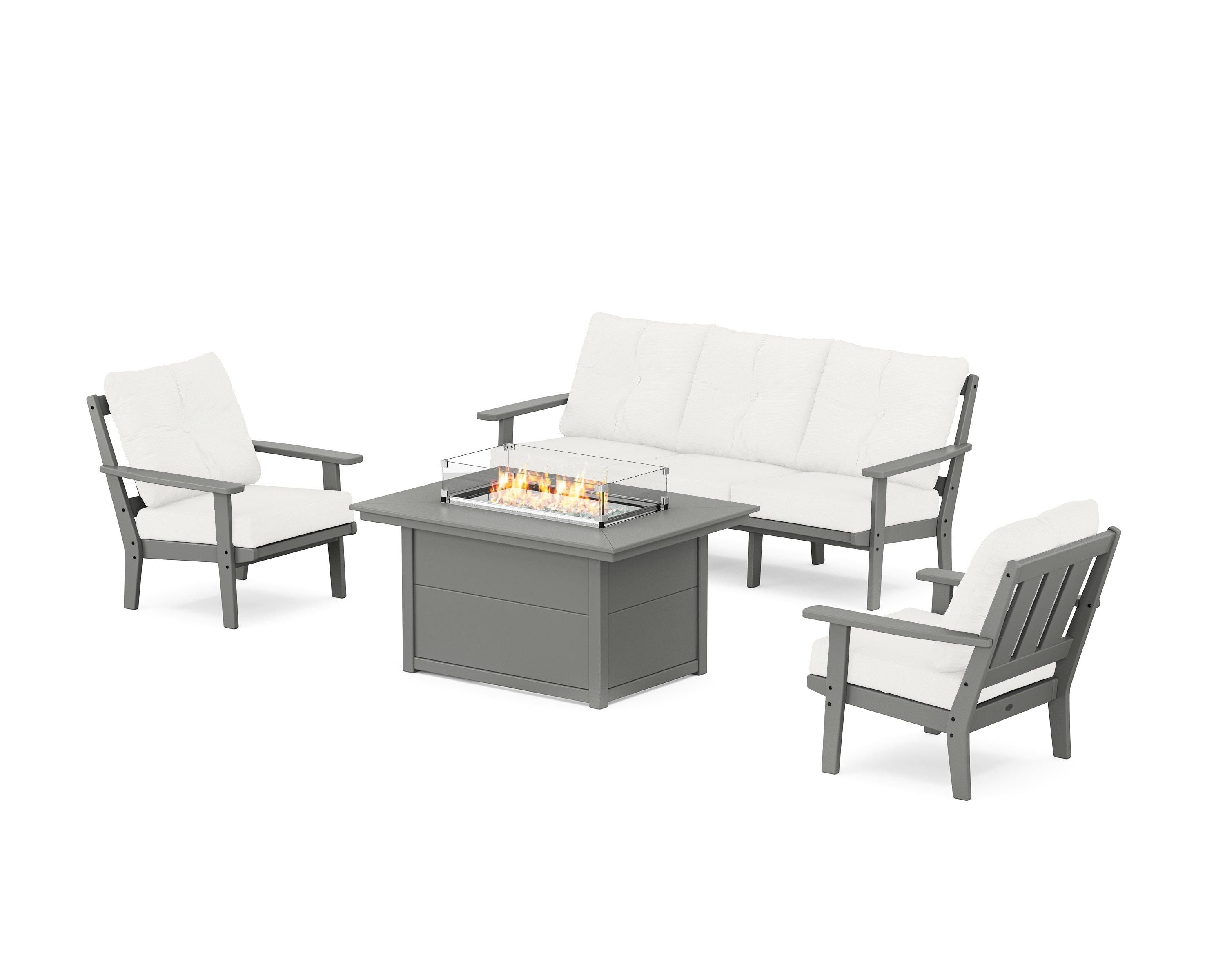 POLYWOOD Oxford Deep Seating Fire Pit Table Set in Slate Grey / Natural Linen