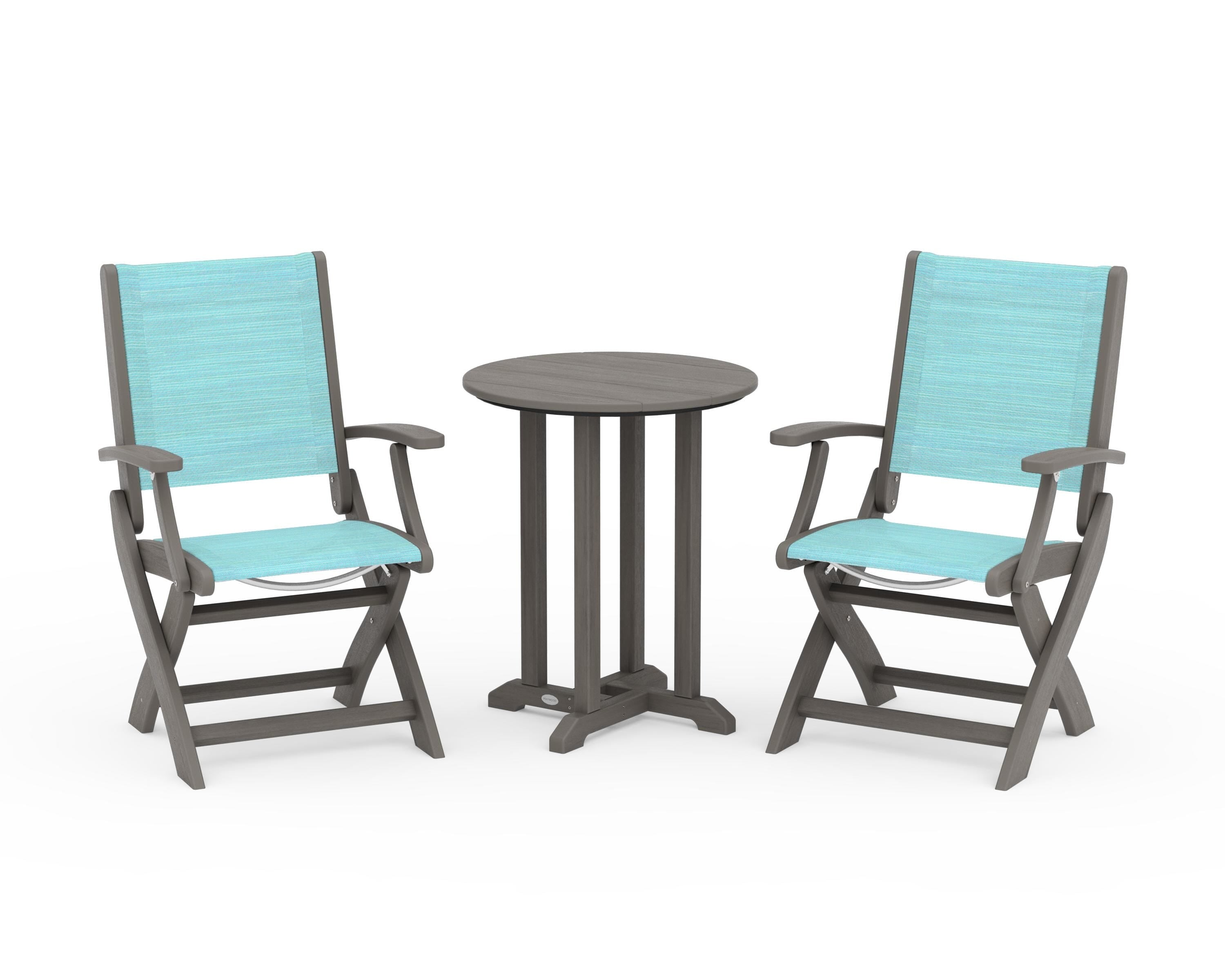 POLYWOOD Coastal Folding 3-Piece Round Bistro Dining Set in Driftwood / Dupioni Aquamarine Sling