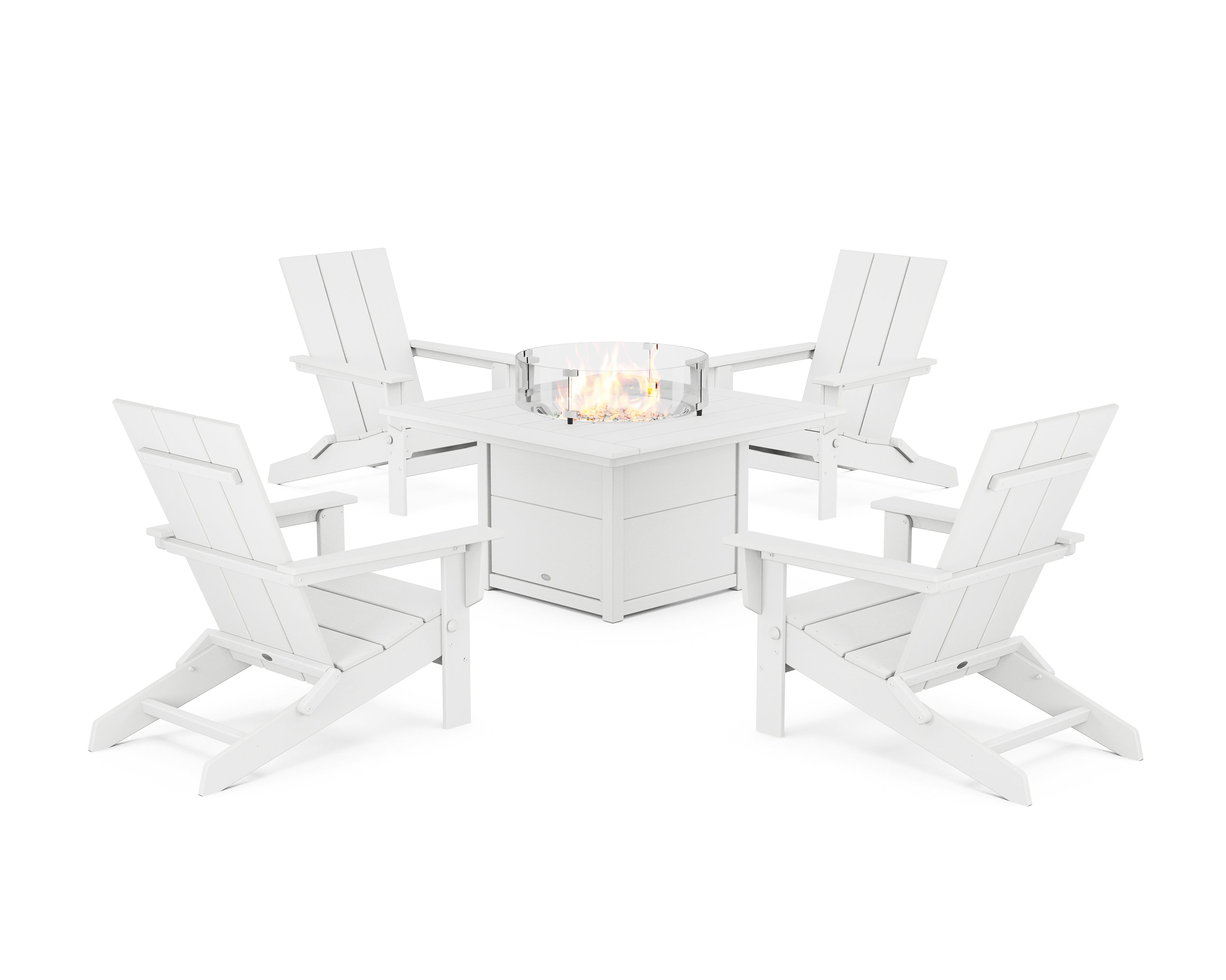 POLYWOOD 5-Piece Modern Studio Folding Adirondack Conversation Set with Fire Pit Table in White