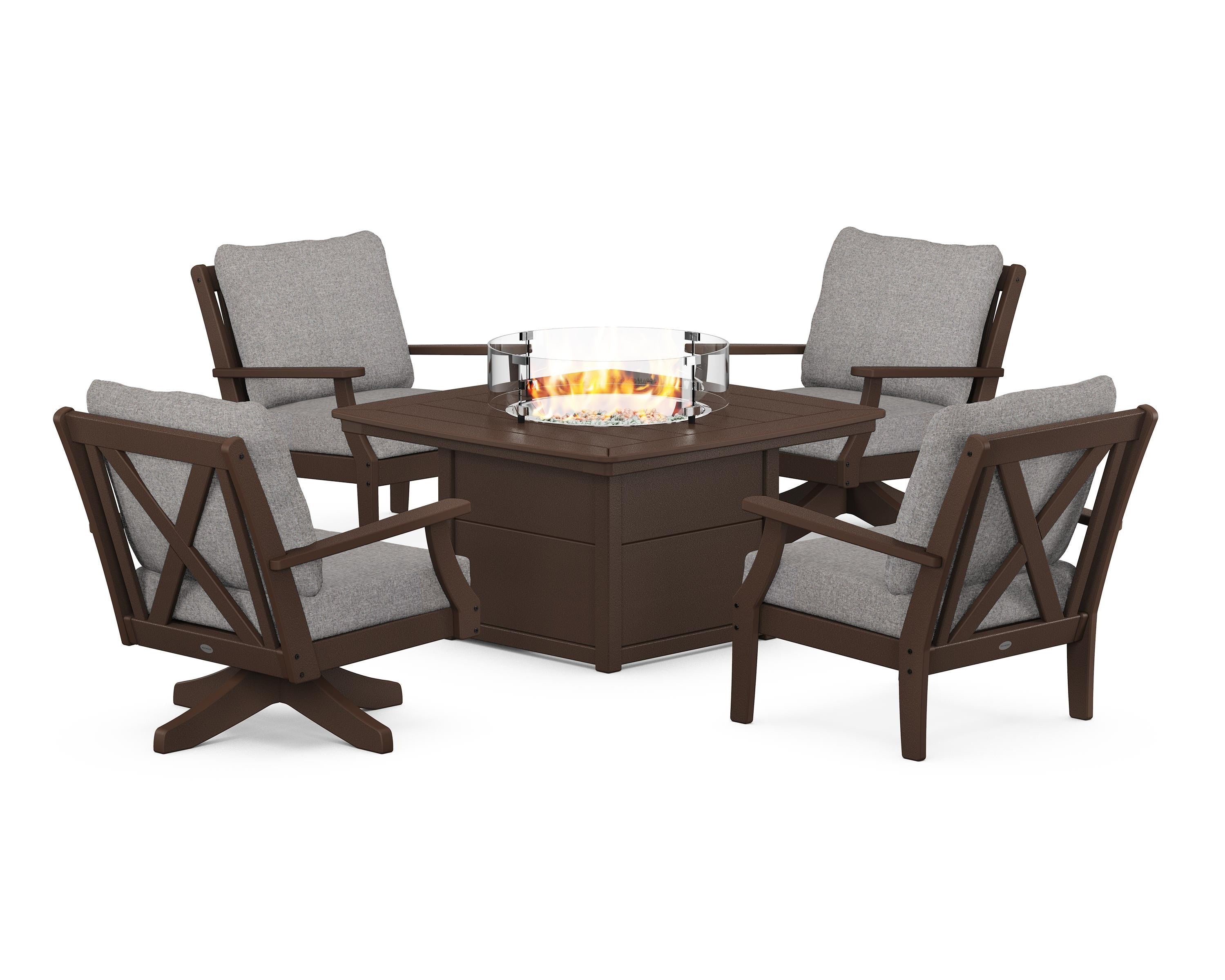 POLYWOOD Braxton 5-Piece Deep Seating Set with Fire Table in Mahogany / Grey Mist