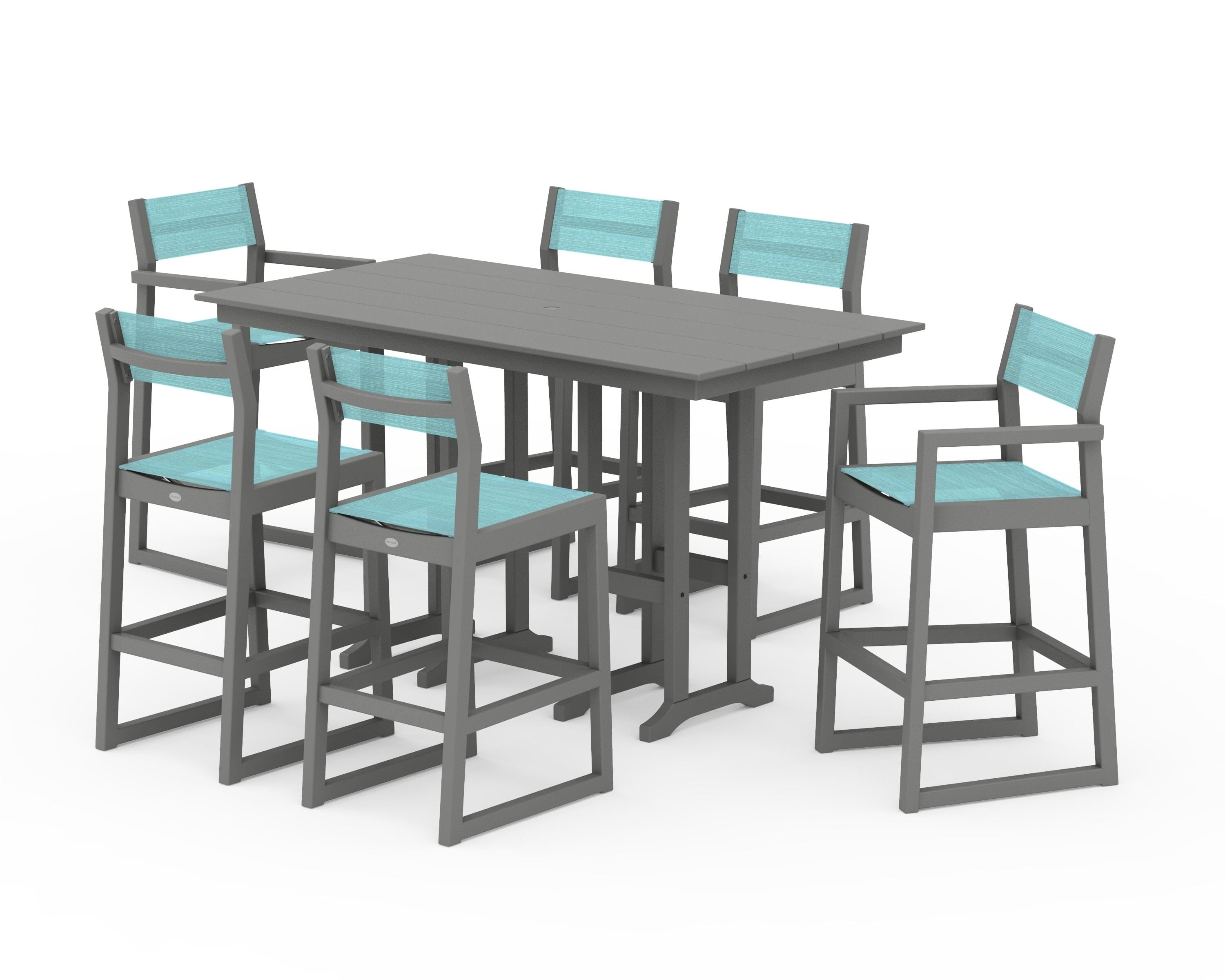 POLYWOOD EDGE Sling 7-Piece Farmhouse Bar Set in Slate Grey / Dupioni Aquamarine Sling