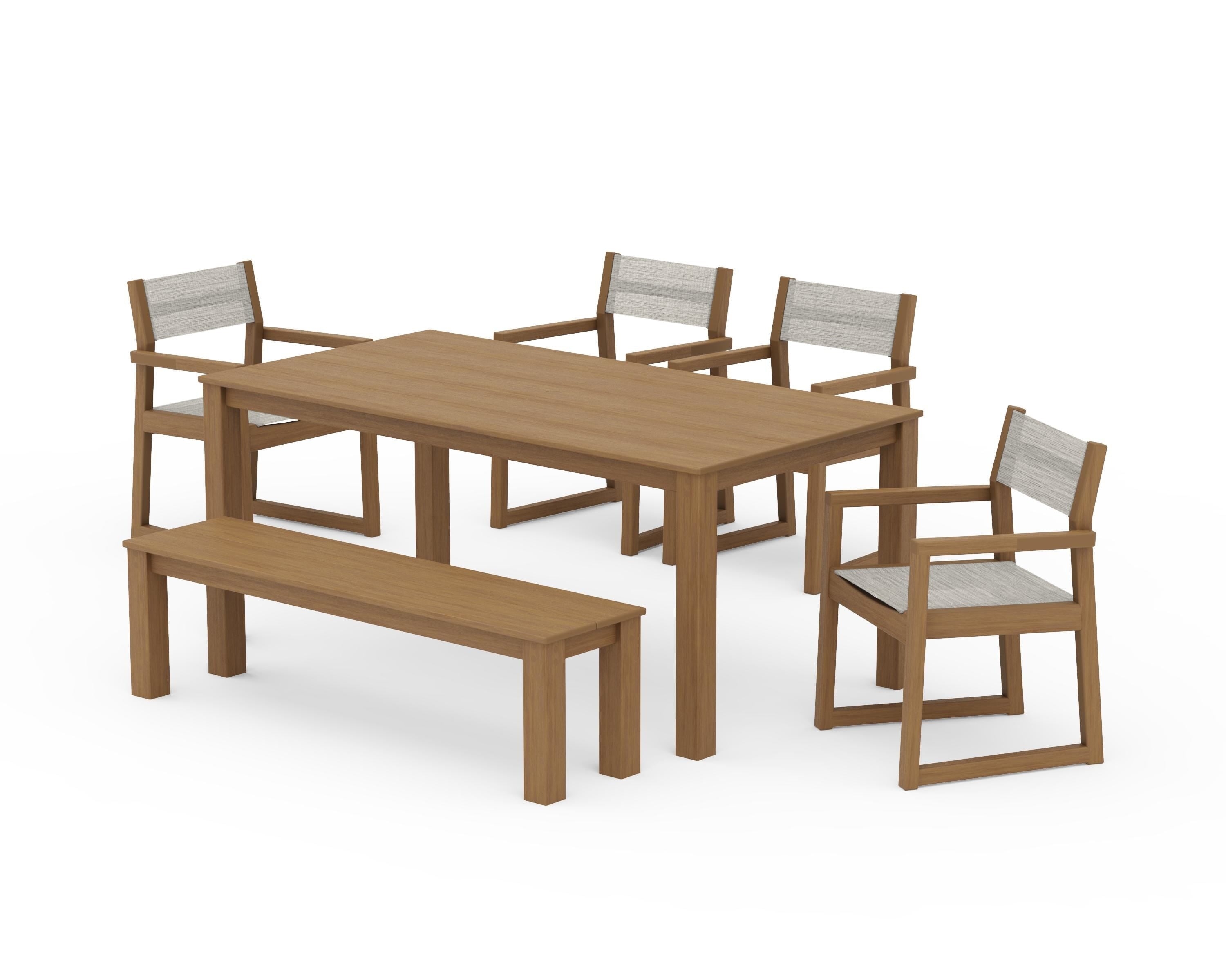 POLYWOOD EDGE Sling Arm Chair 6-Piece Parsons Dining Set with Bench in Natural / Birch Sling
