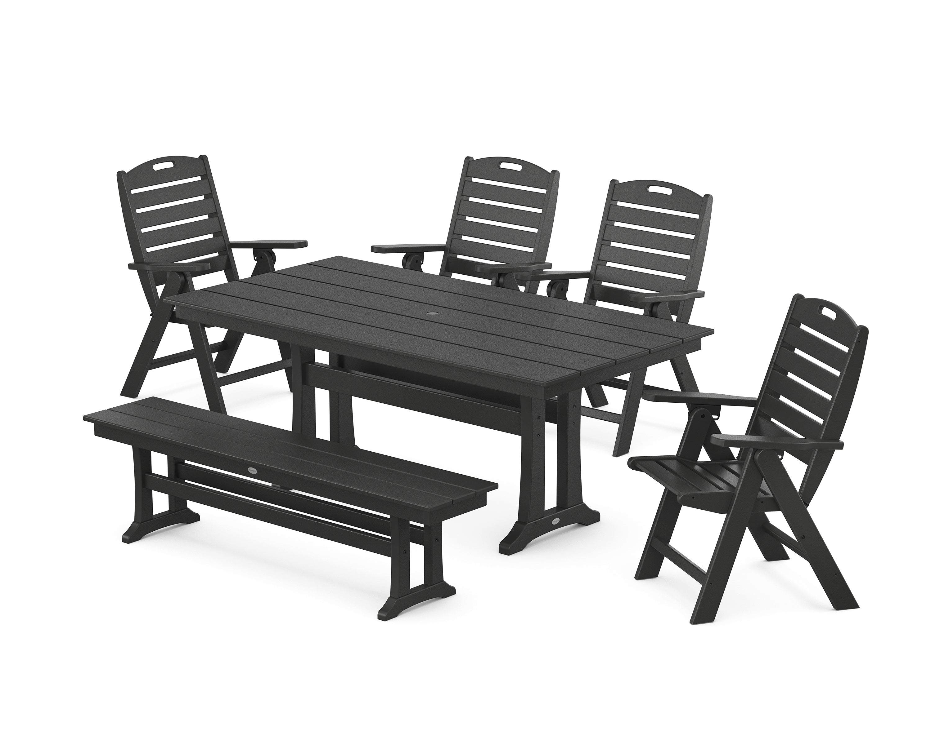 POLYWOOD Nautical Highback 6-Piece Farmhouse Dining Set with Trestle Legs and Bench in Black
