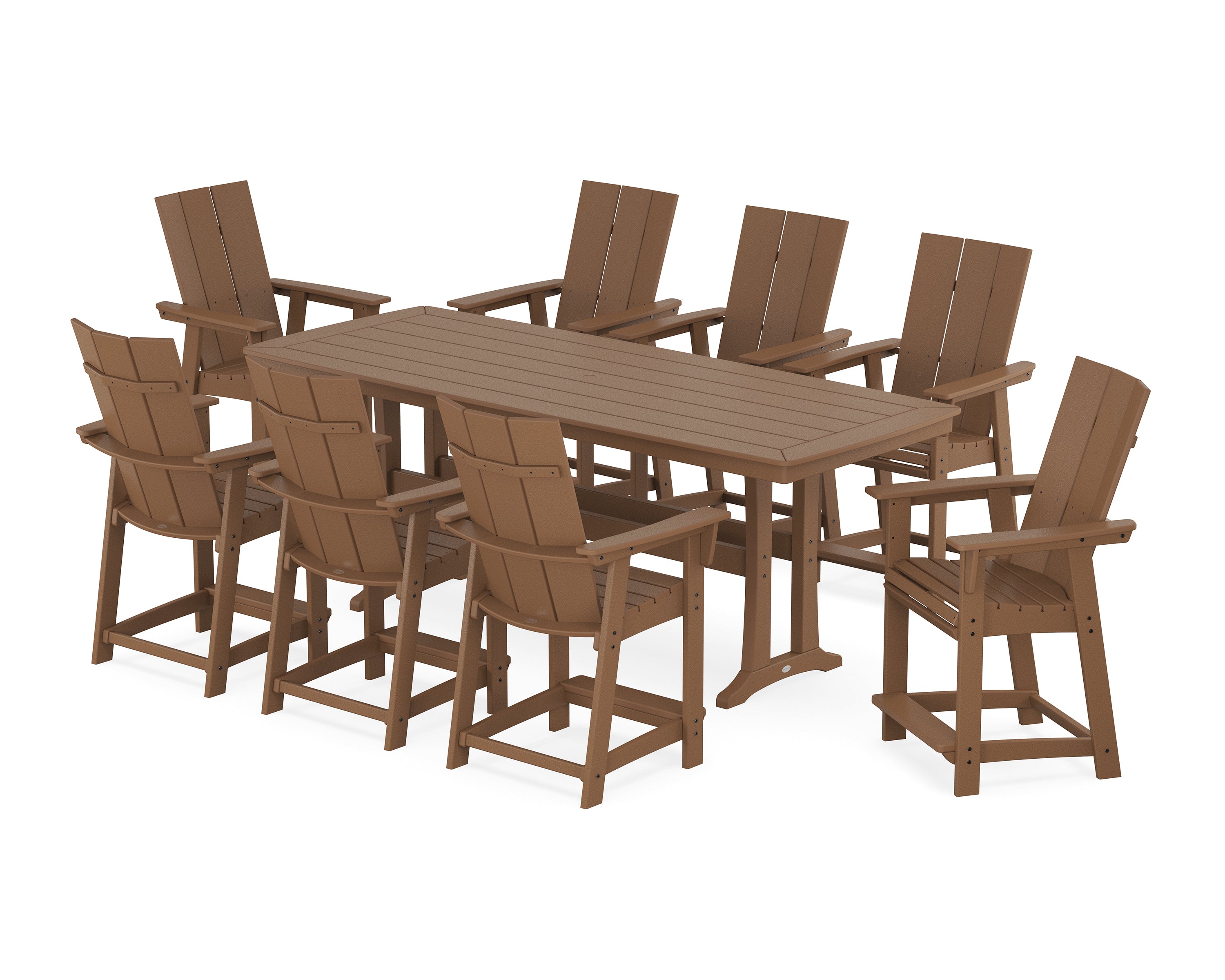 POLYWOOD® Modern Curveback Adirondack 9-Piece Counter Set with Trestle Legs in Teak