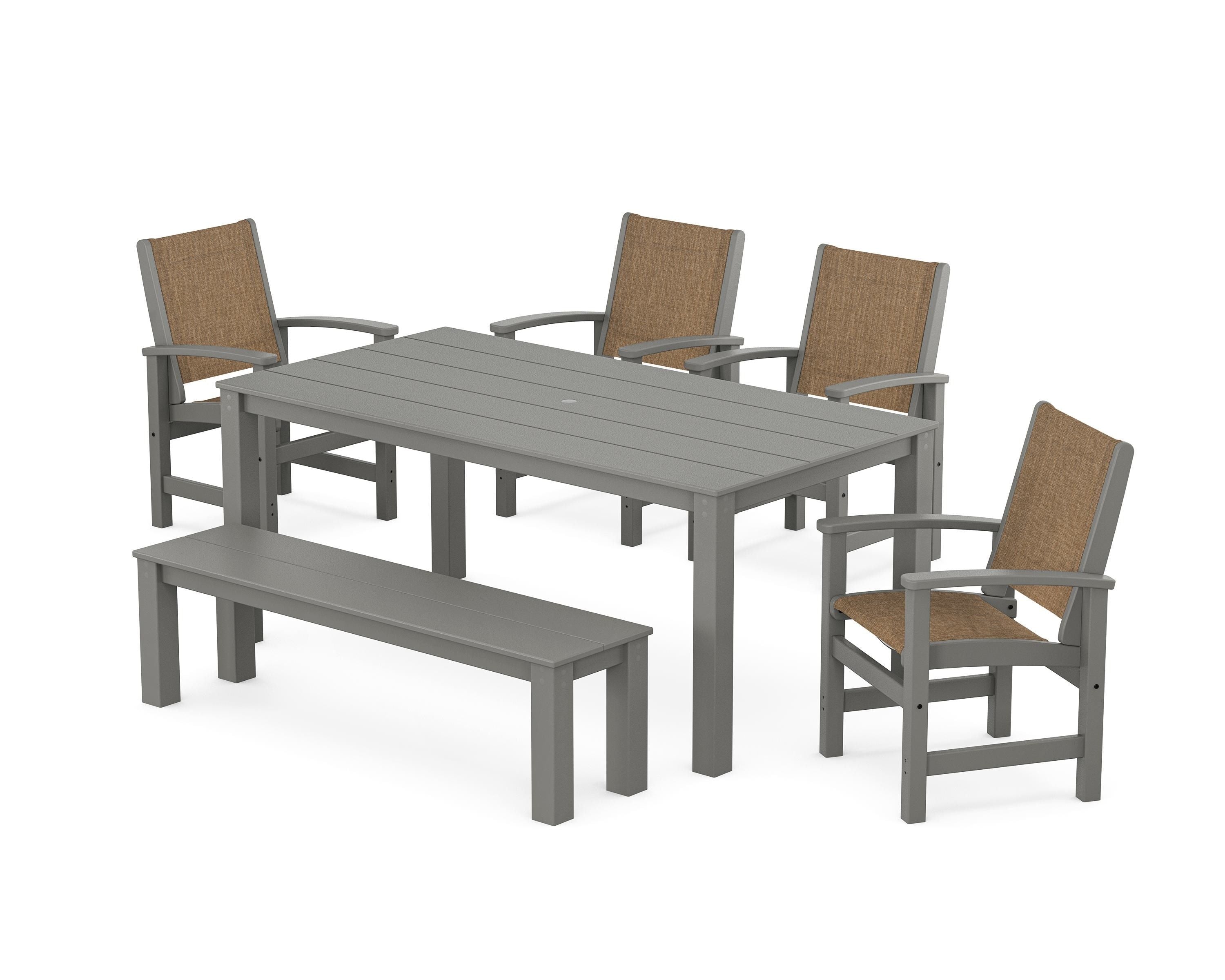 POLYWOOD Coastal 6-Piece Parsons Dining Set with Bench in Slate Grey / Burlap Sling