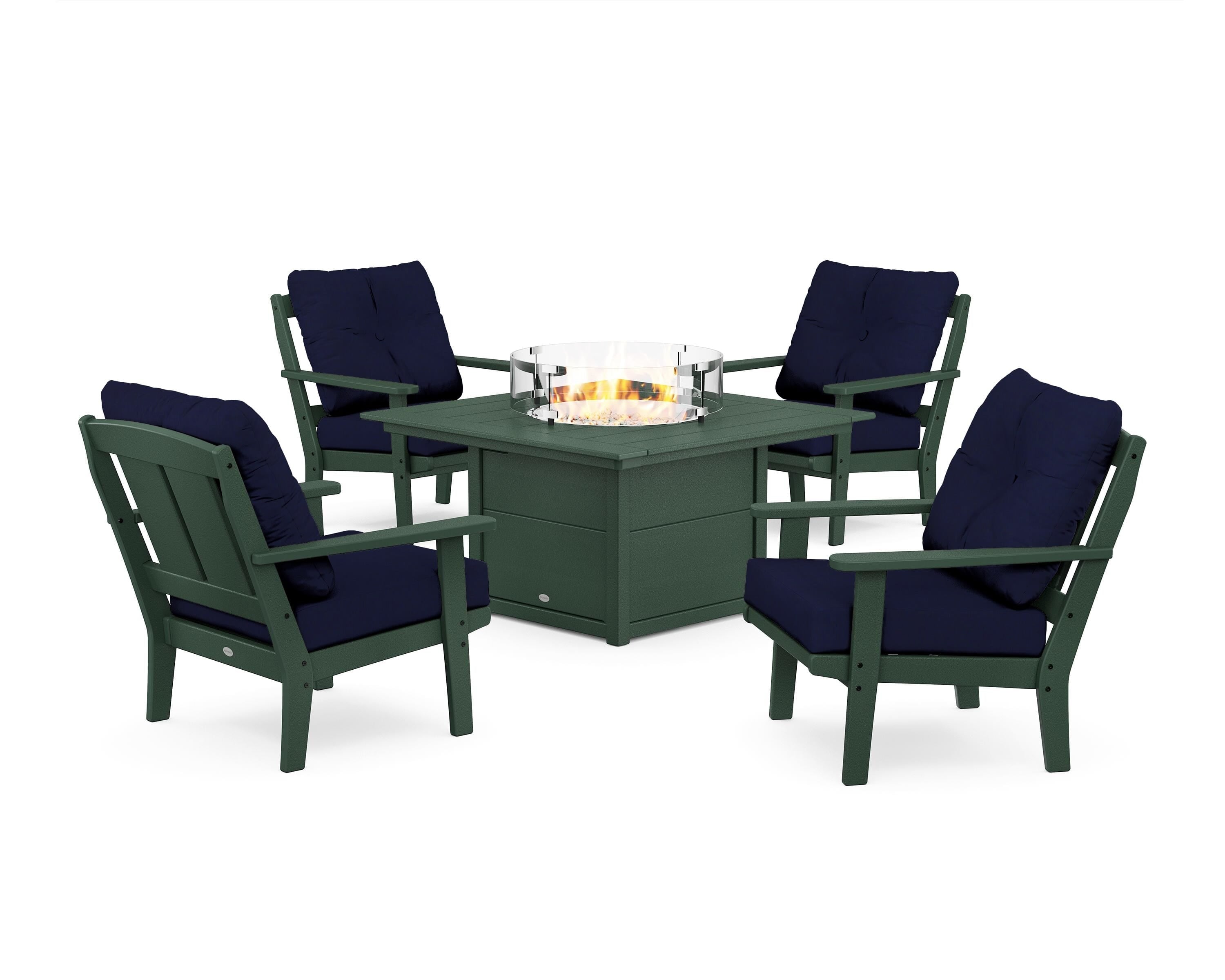POLYWOOD Mission 5-Piece Deep Seating Set with Fire Pit Table in Green / Navy