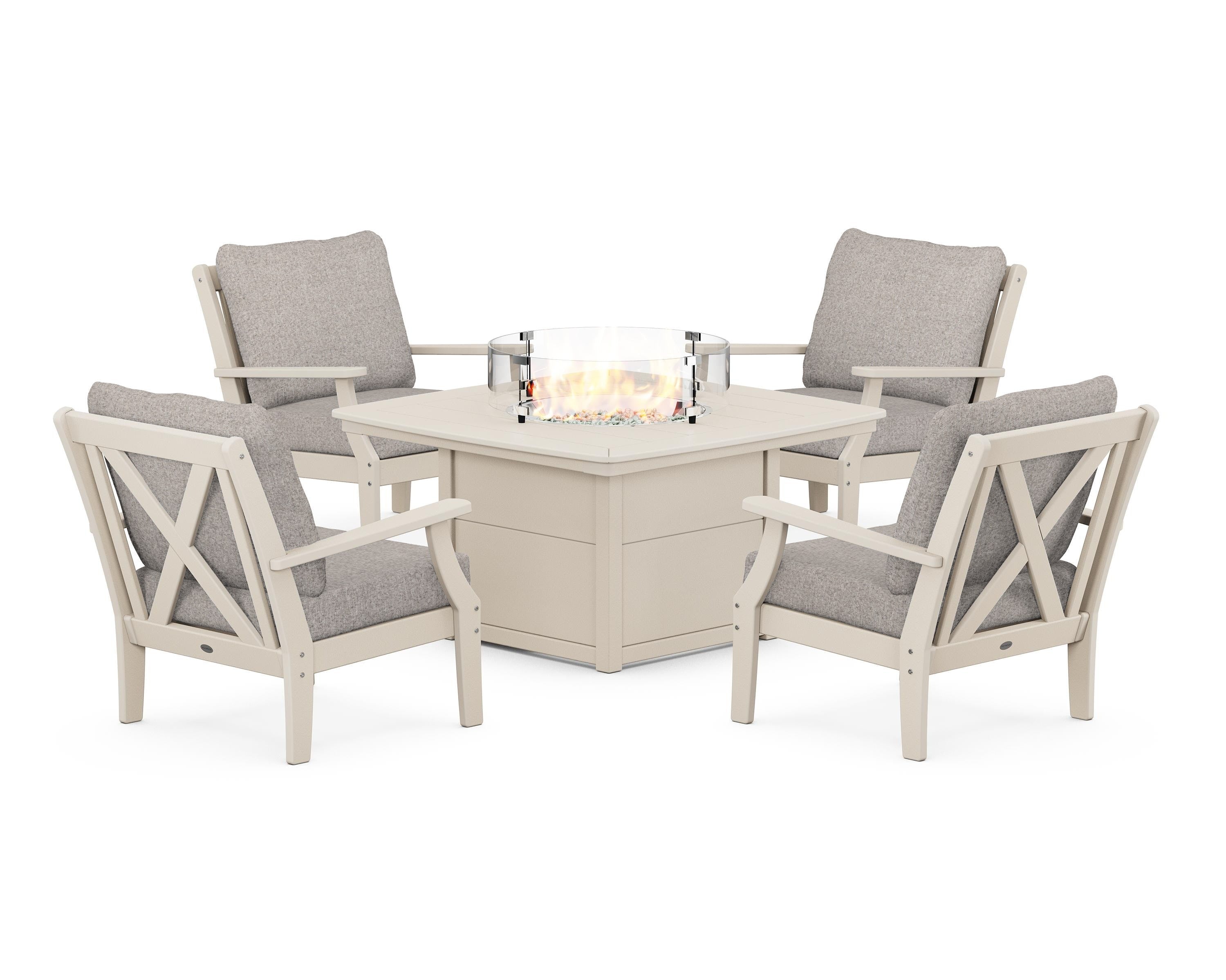 POLYWOOD Braxton 5-Piece Deep Seating Conversation Set with Fire Pit Table in Sand / Weathered Tweed