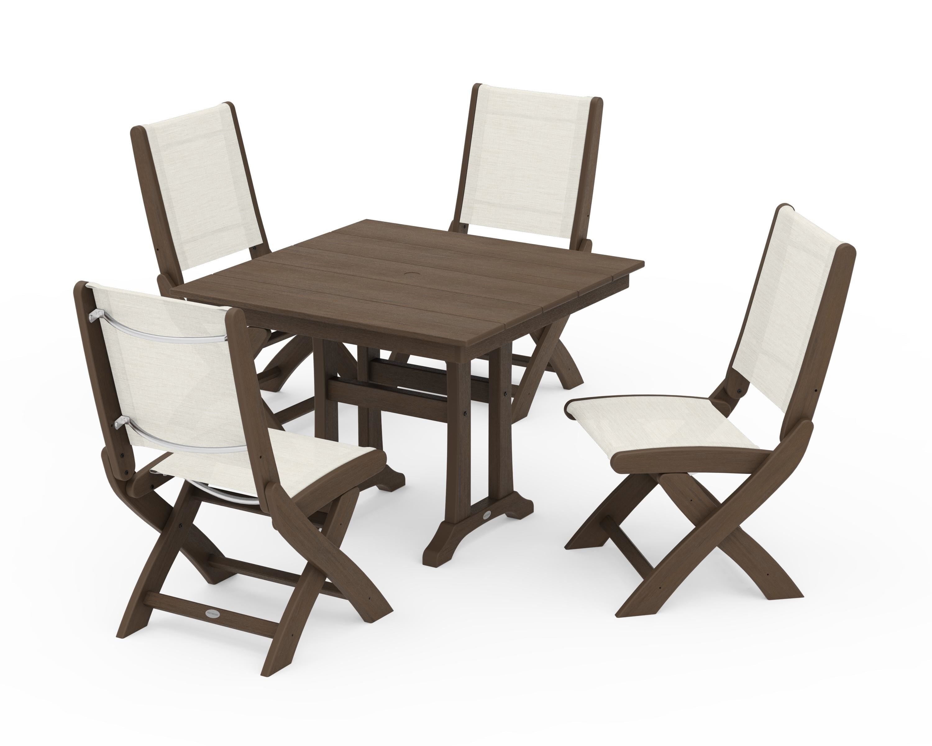 POLYWOOD Coastal Folding Side Chair 5-Piece Farmhouse Dining Set With Trestle Legs in Kona / Parchment Sling