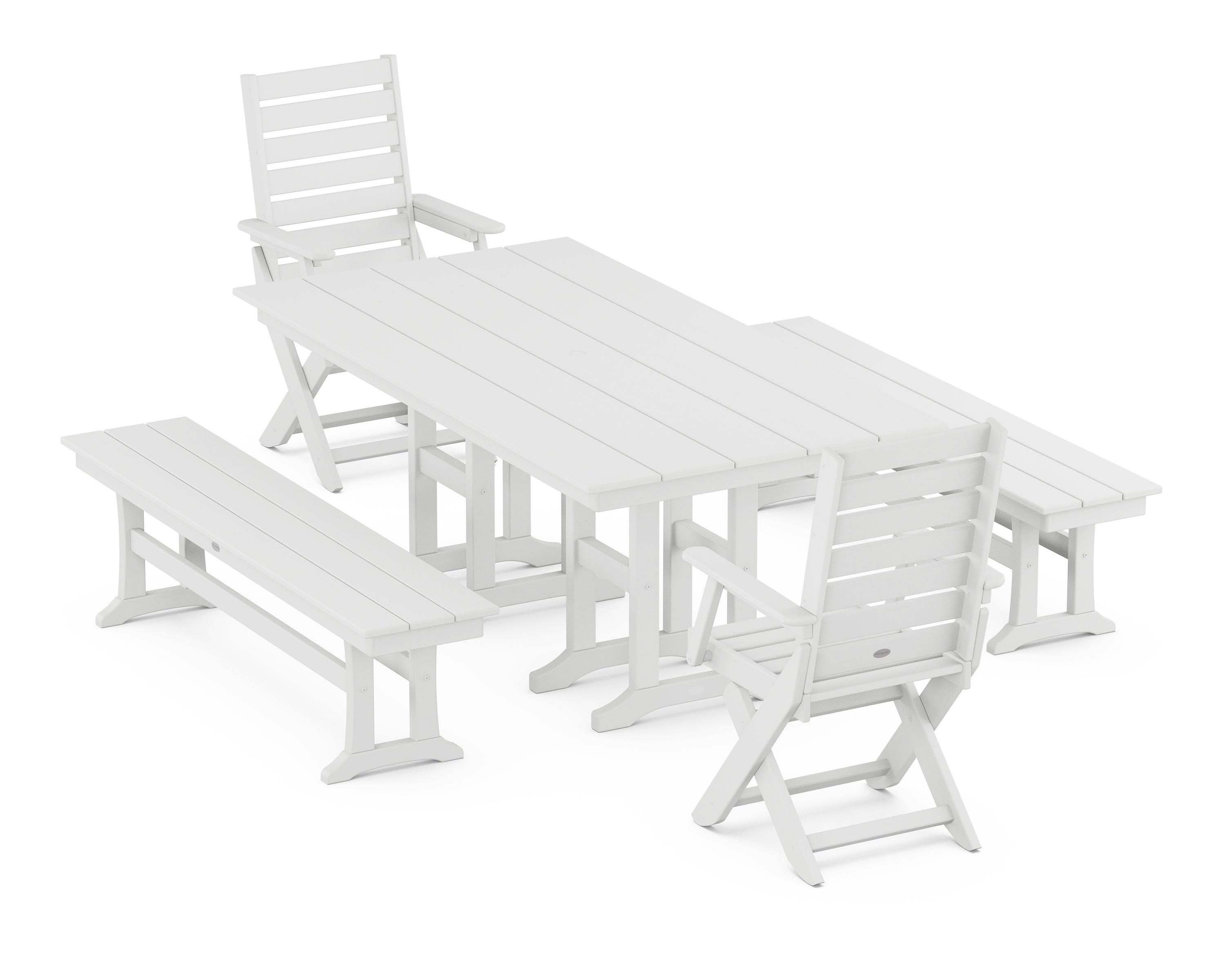 POLYWOOD® Captain Folding Chair 5-Piece Farmhouse Dining Set with Benches in White