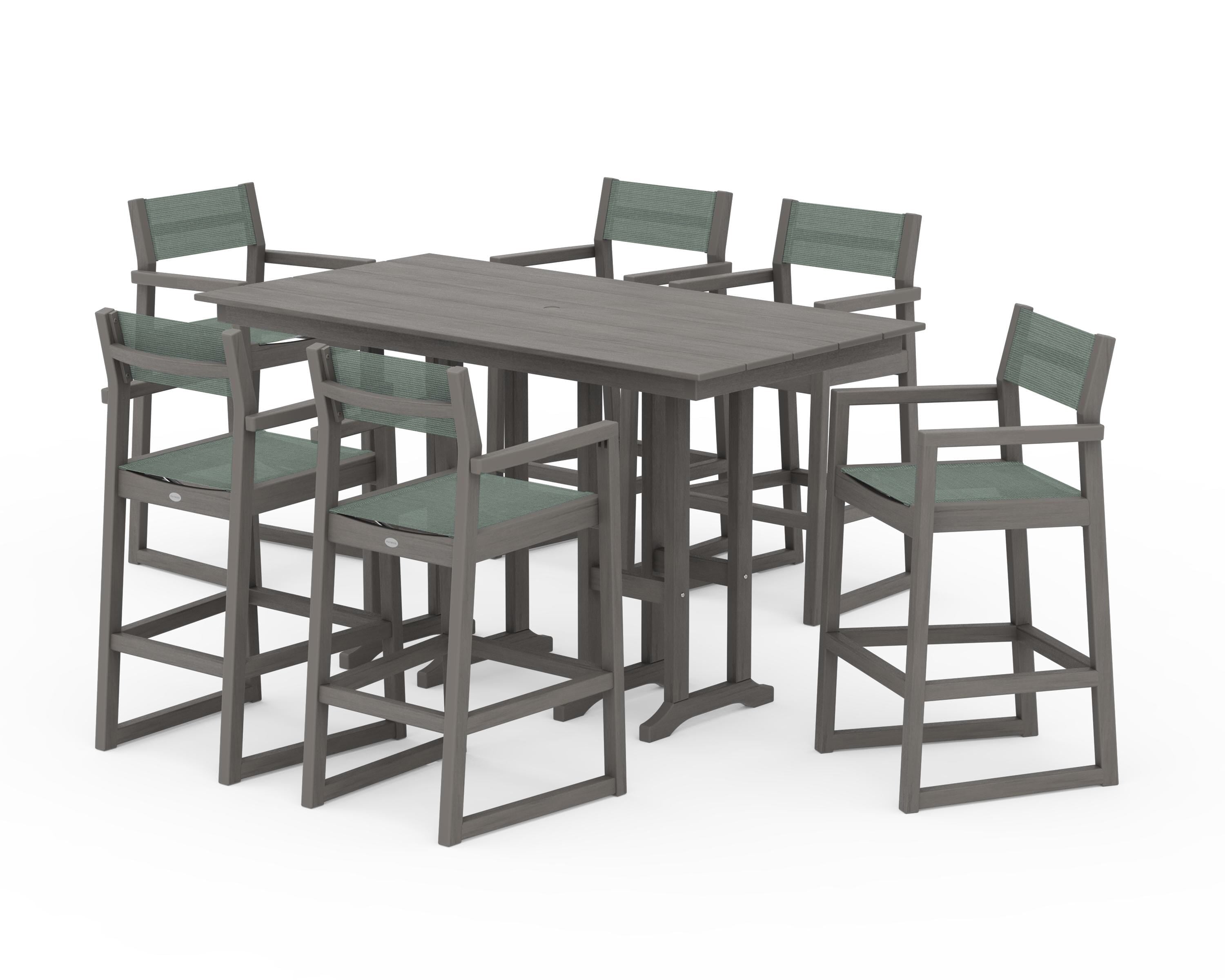 POLYWOOD EDGE Sling Arm Chair 7-Piece Farmhouse Bar Set in Driftwood / Dupioni Sea Mist Sling