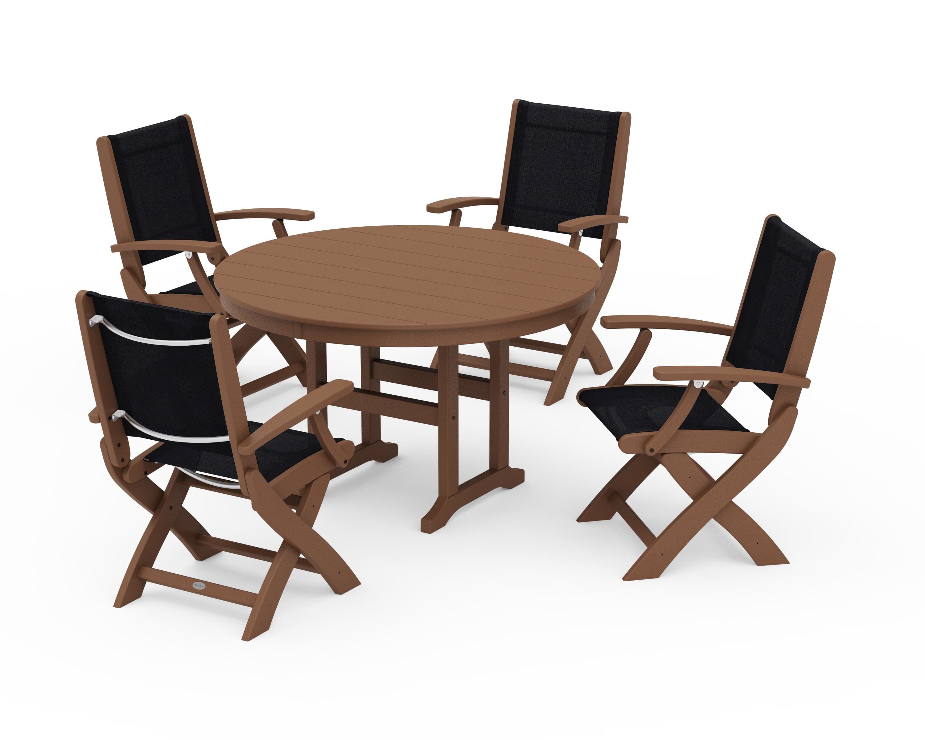 POLYWOOD Coastal Folding Chair 5-Piece Round Dining Set in Teak / Black Sling
