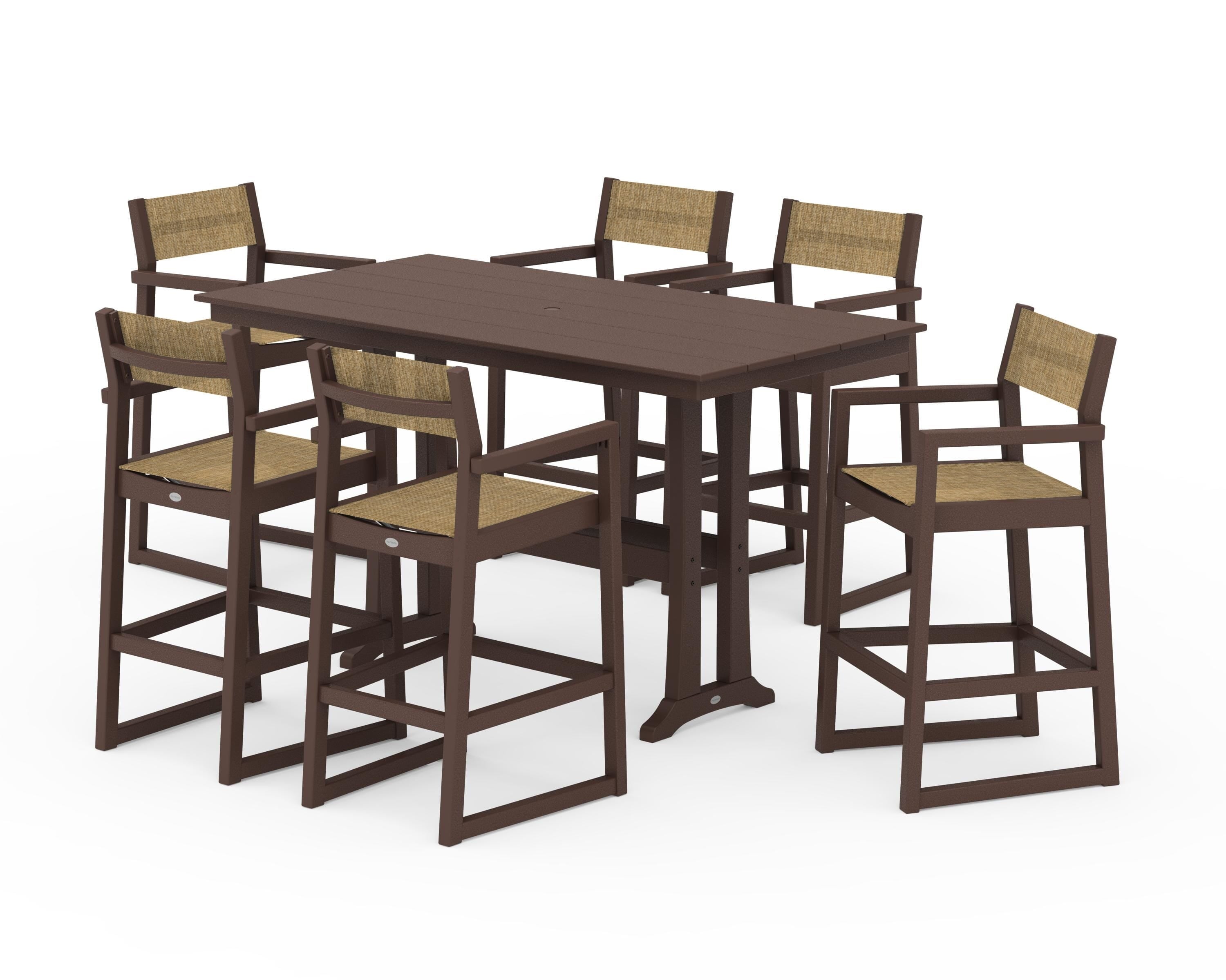 POLYWOOD EDGE Sling Arm Chair 7-Piece Farmhouse Bar Set with Trestle Legs in Mahogany / Burlap Sling