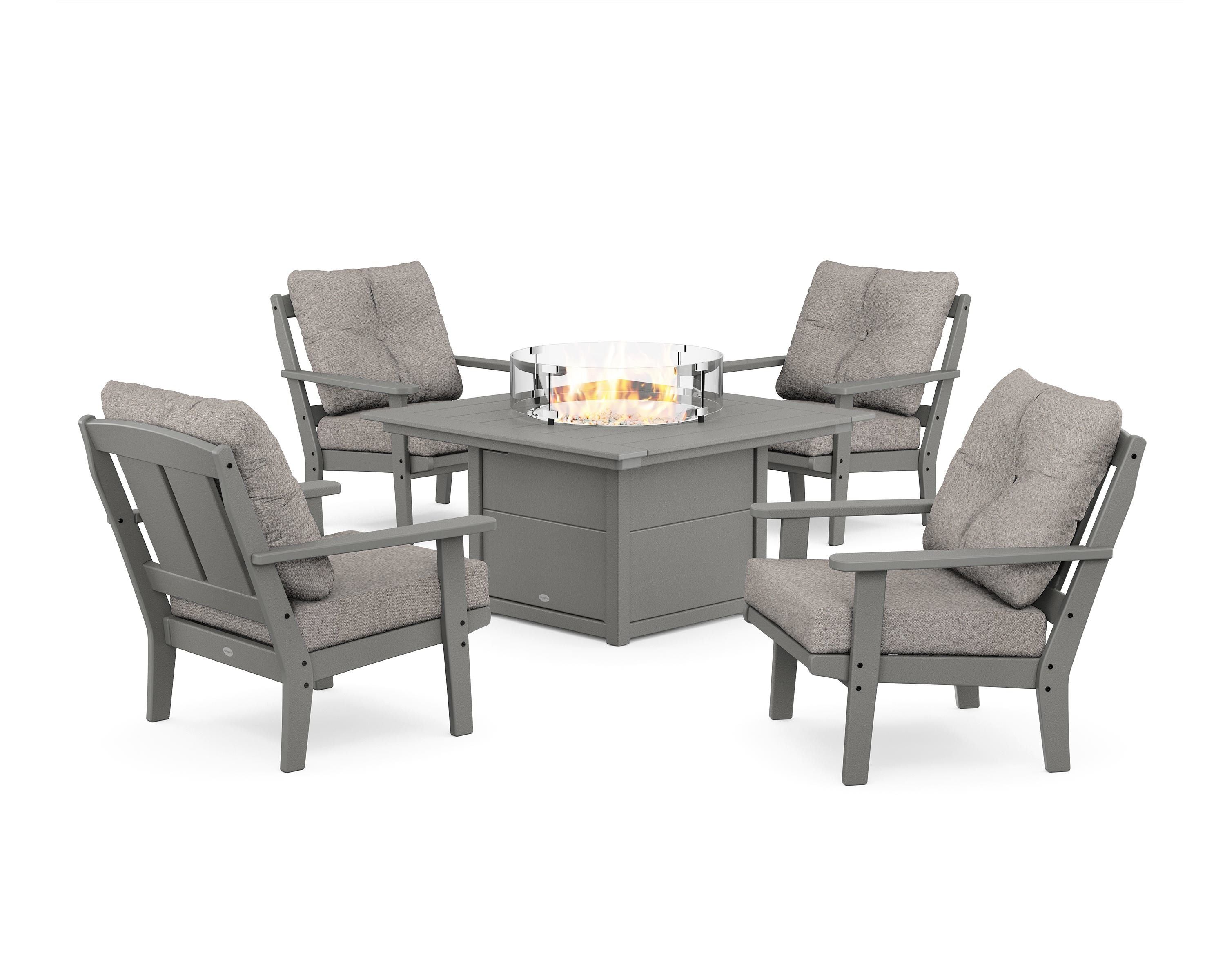 POLYWOOD Mission 5-Piece Deep Seating Set with Fire Pit Table in Slate Grey / Weathered Tweed
