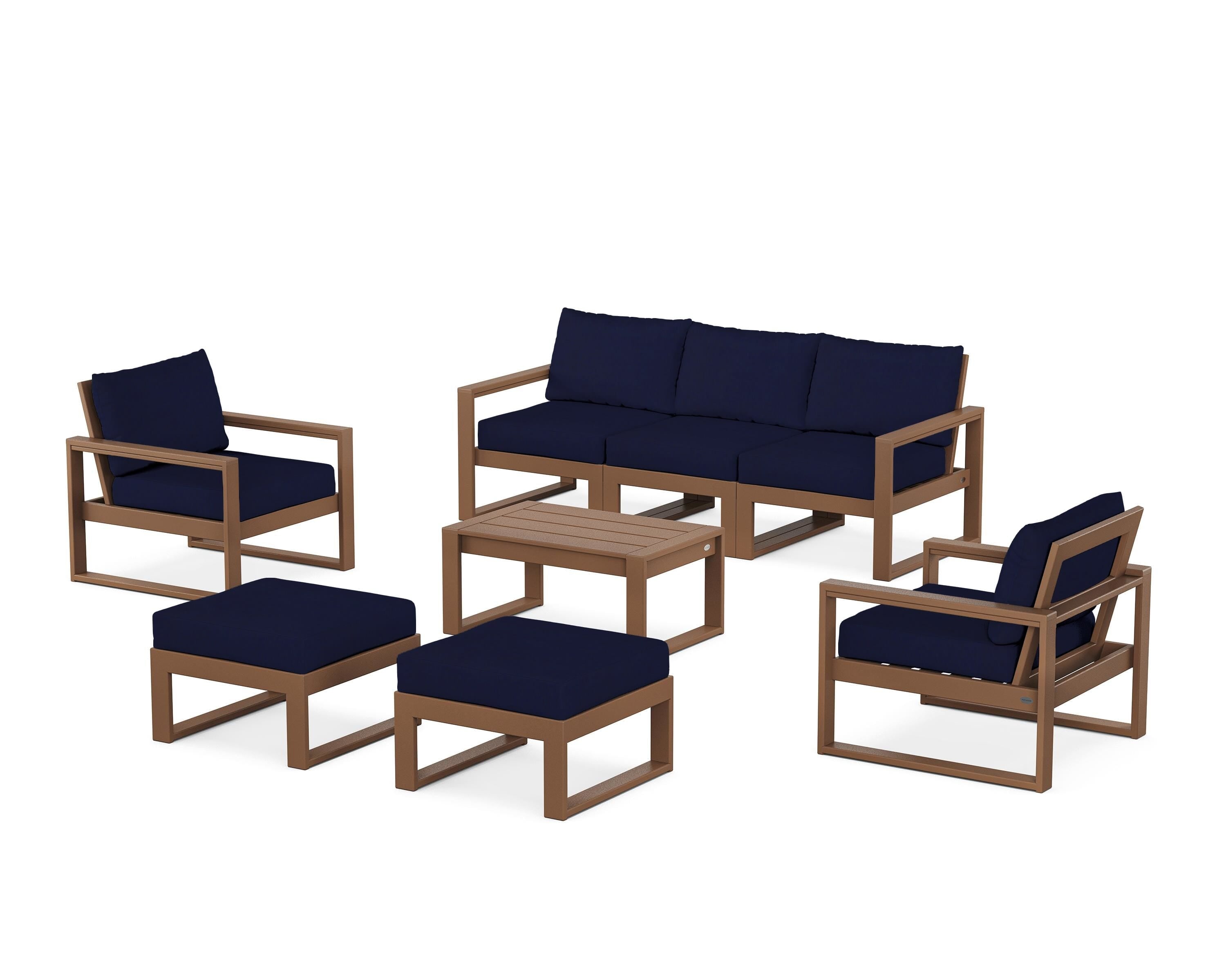 POLYWOOD EDGE Sectional 8-Piece Lounge Sofa Set in Teak / Navy