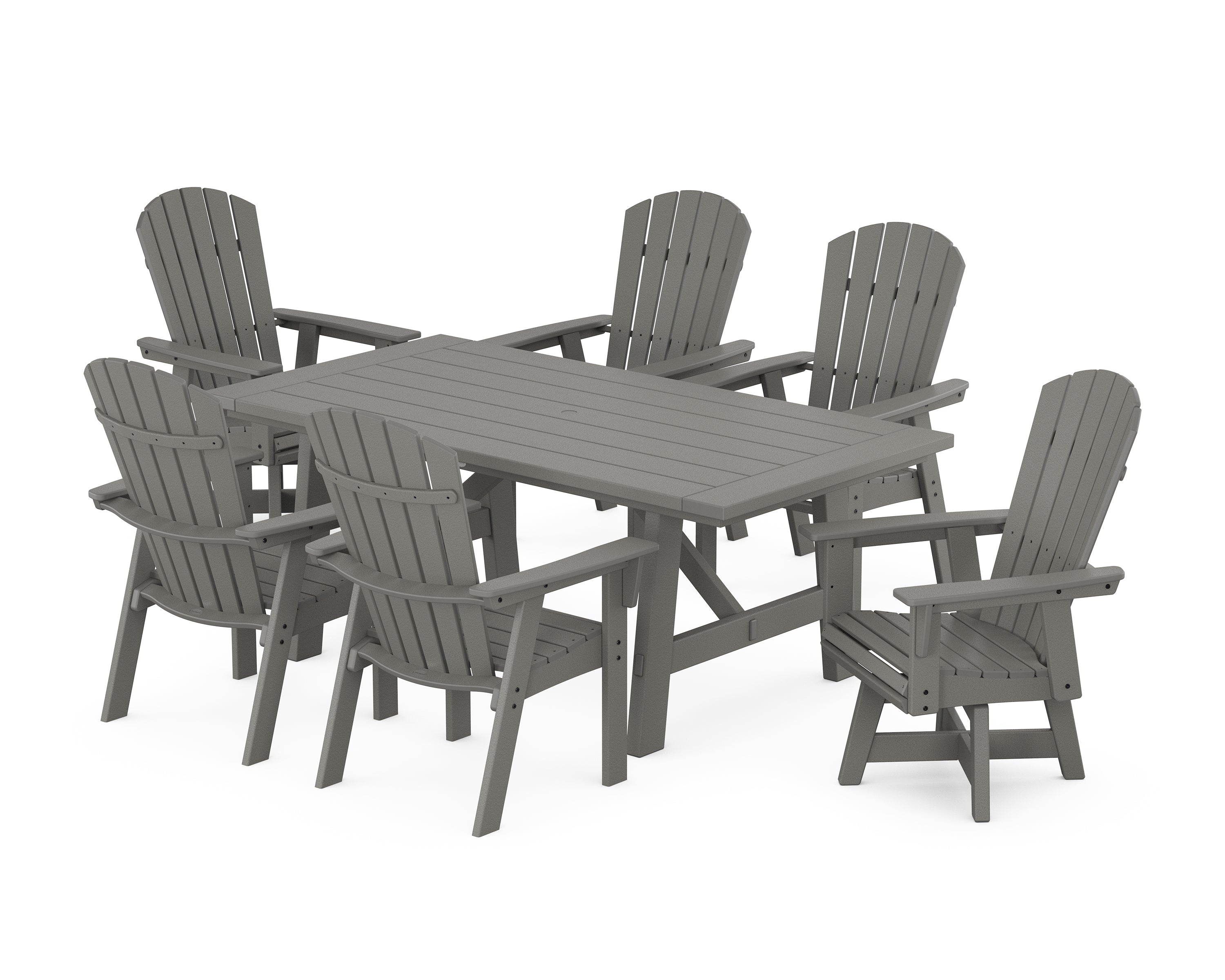 POLYWOOD Nautical Curveback Adirondack Swivel Chair 7-Piece Rustic Farmhouse Dining Set in Slate Grey