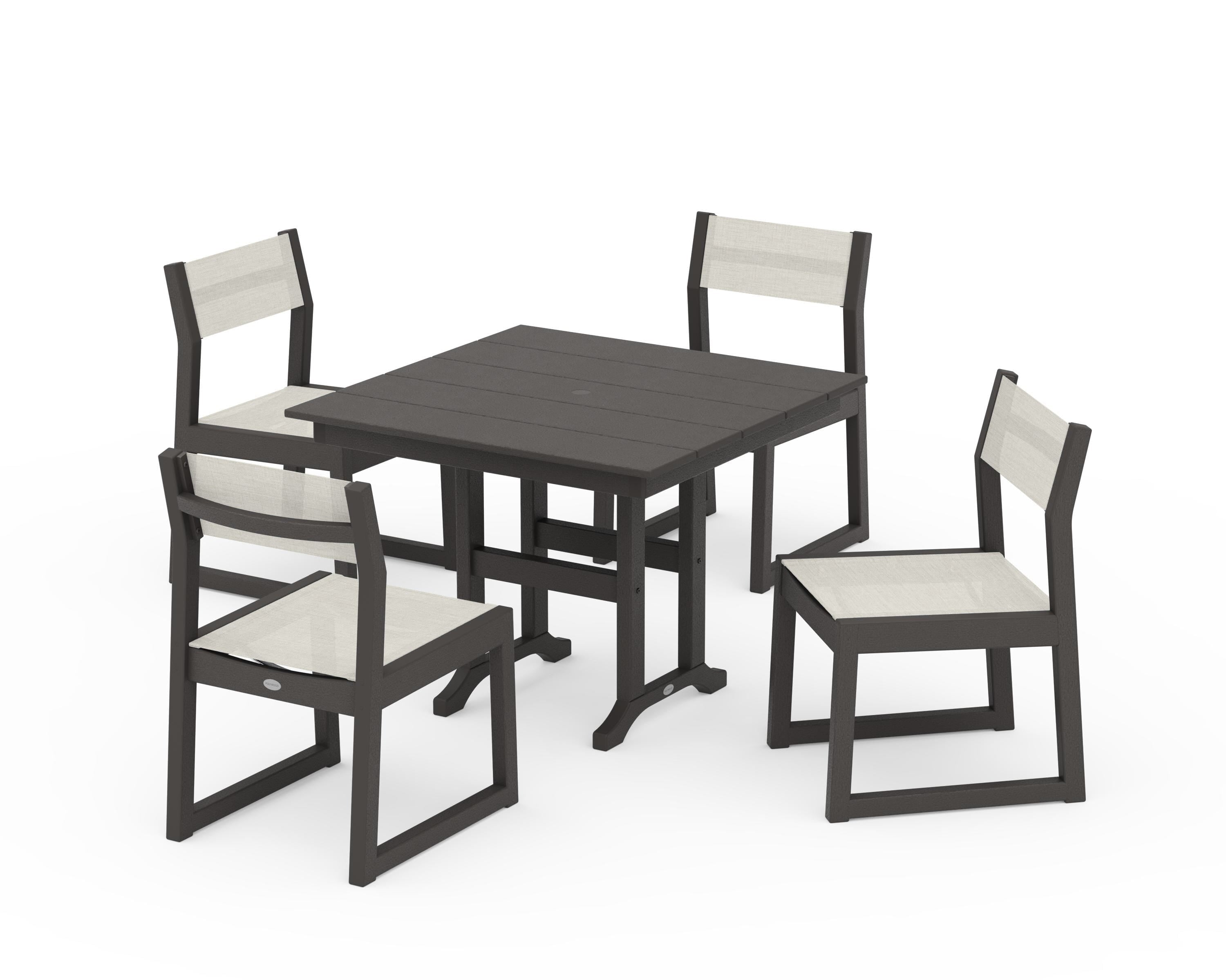 POLYWOOD EDGE Sling Side Chair 5-Piece Farmhouse Dining Set in Vintage Coffee / Parchment Sling