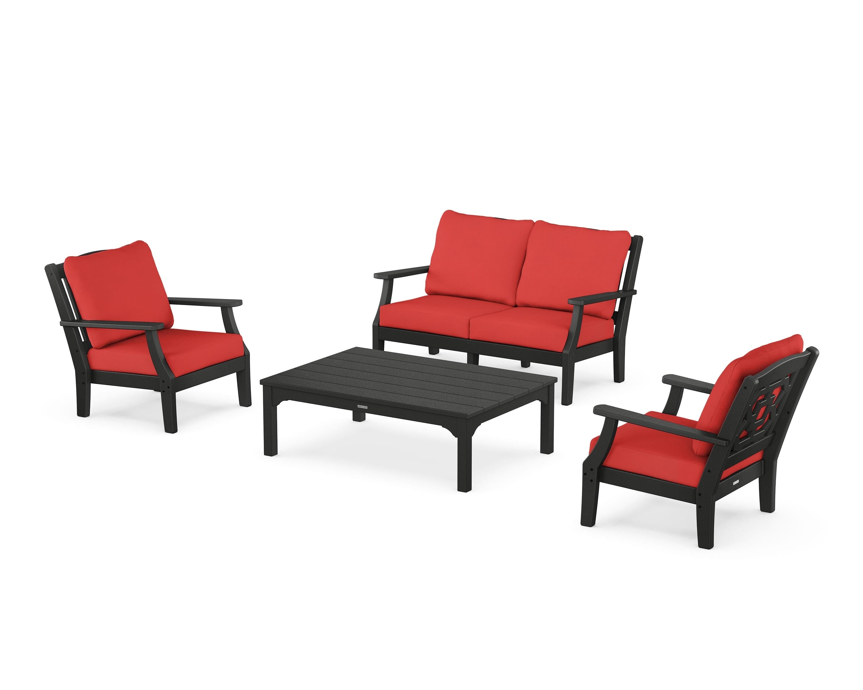 Martha Stewart by POLYWOOD Chinoiserie 4-Piece Deep Seating Set with Loveseat in Black / Crimson Linen