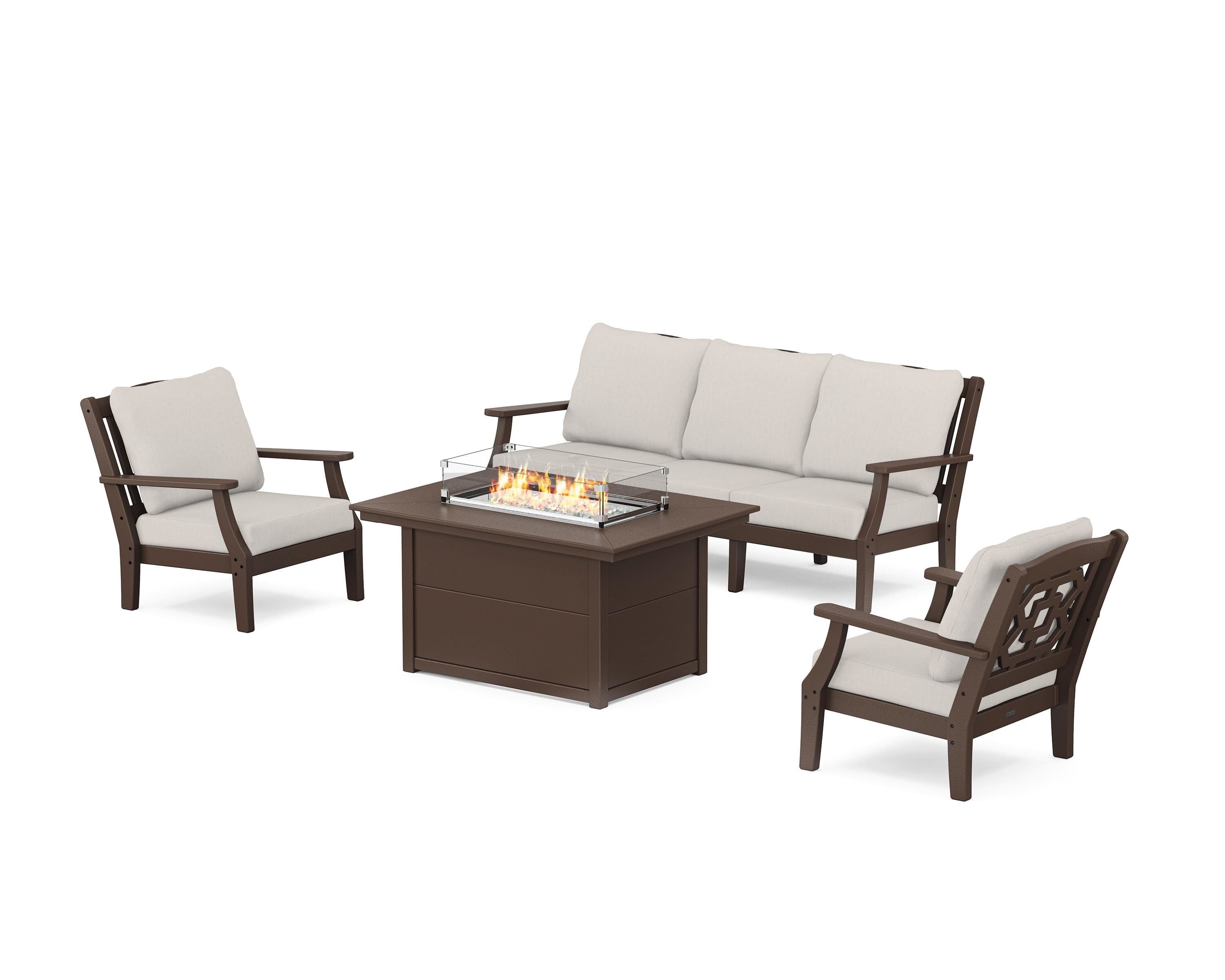 Martha Stewart by POLYWOOD Chinoiserie Deep Seating Fire Pit Table Set in Mahogany / Cast Ash