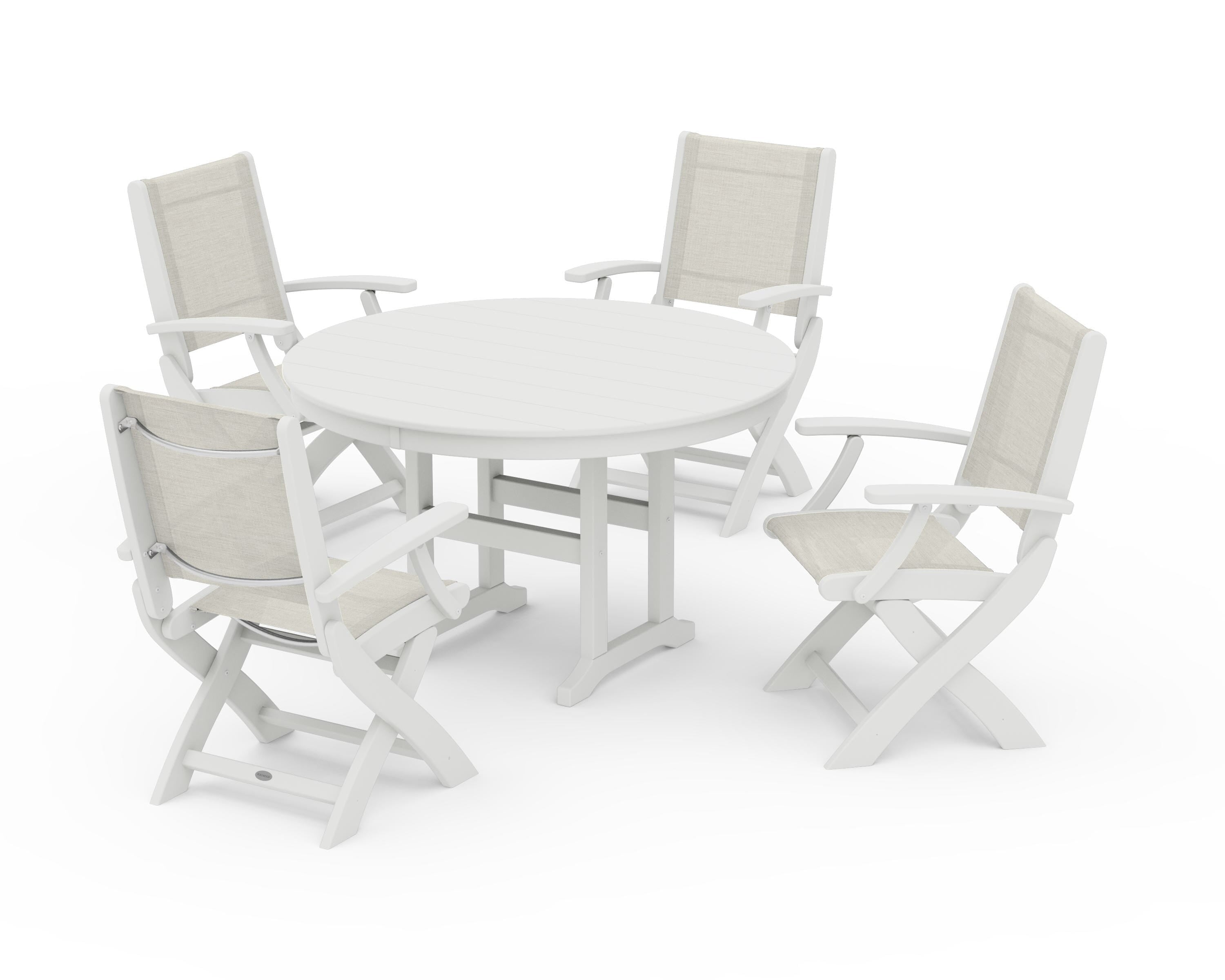 POLYWOOD Coastal Folding Chair 5-Piece Round Dining Set in Vintage White / Parchment Sling