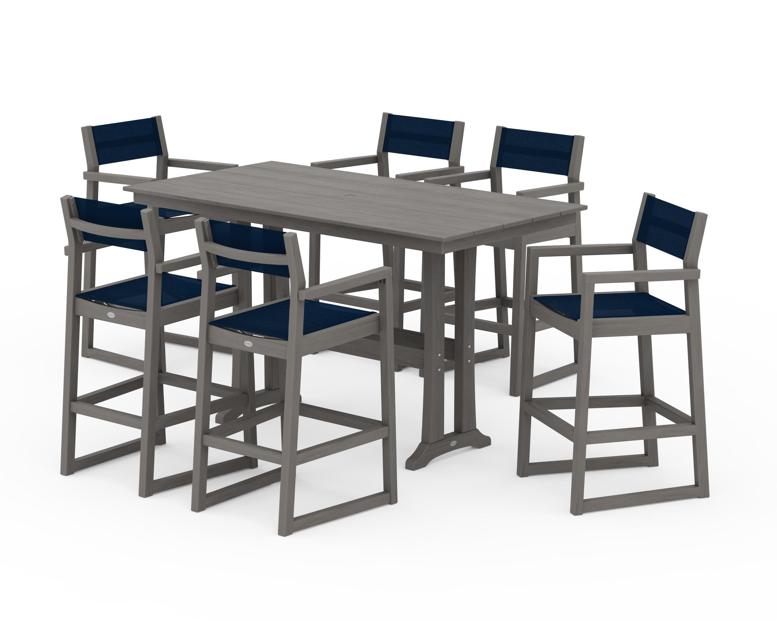 POLYWOOD EDGE Sling Arm Chair 7-Piece Farmhouse Bar Set with Trestle Legs in Driftwood / Navy Blue Sling