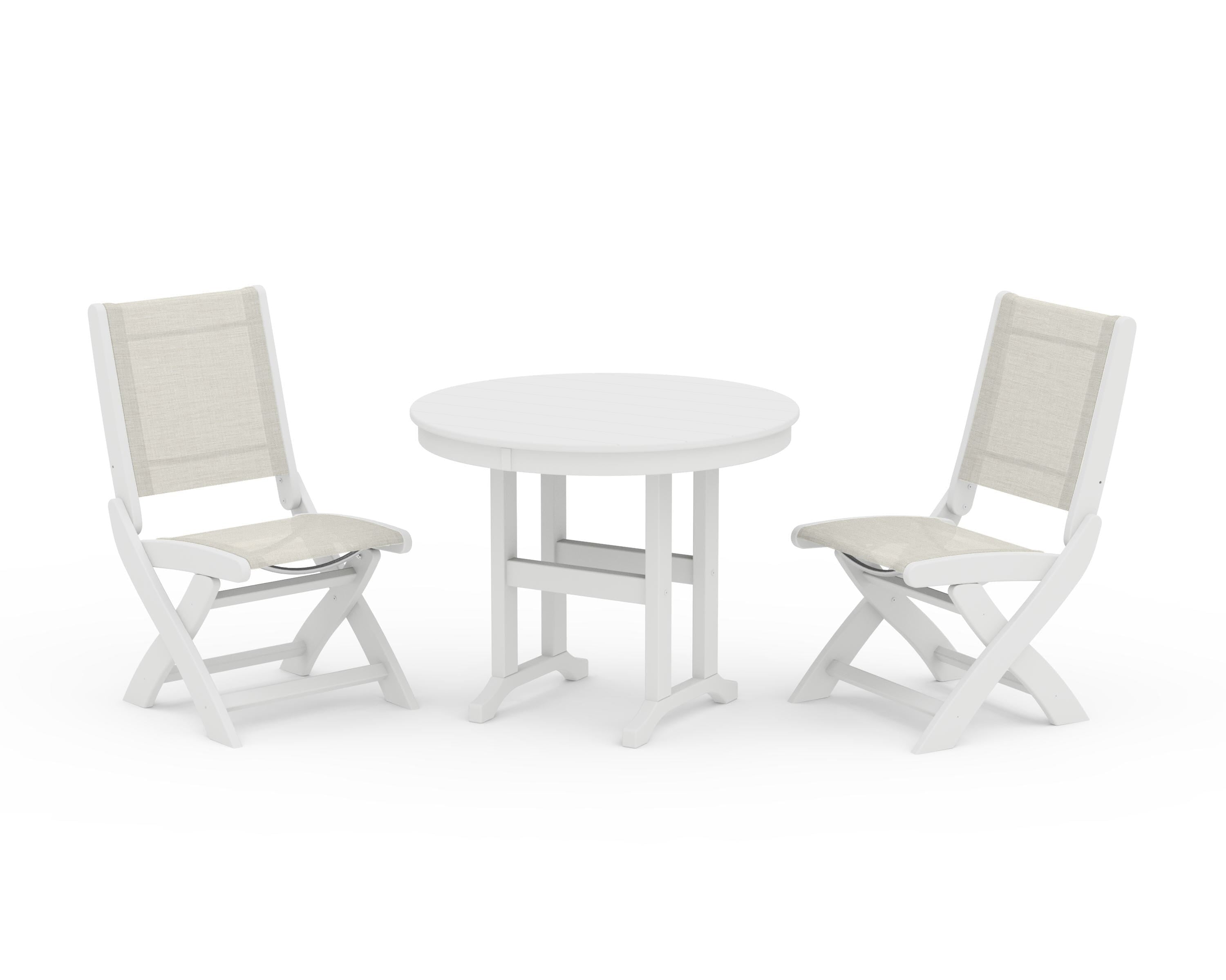 POLYWOOD Coastal Folding Side Chair 3-Piece Round Dining Set in White / Parchment Sling